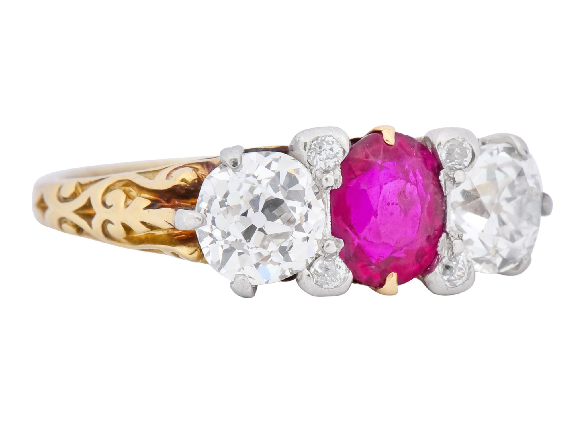 Edwardian 2.48 CTW Burma Ruby Diamond 18 Karat Gold Platinum Three Stone Ring - Wilson's Estate Jewelry