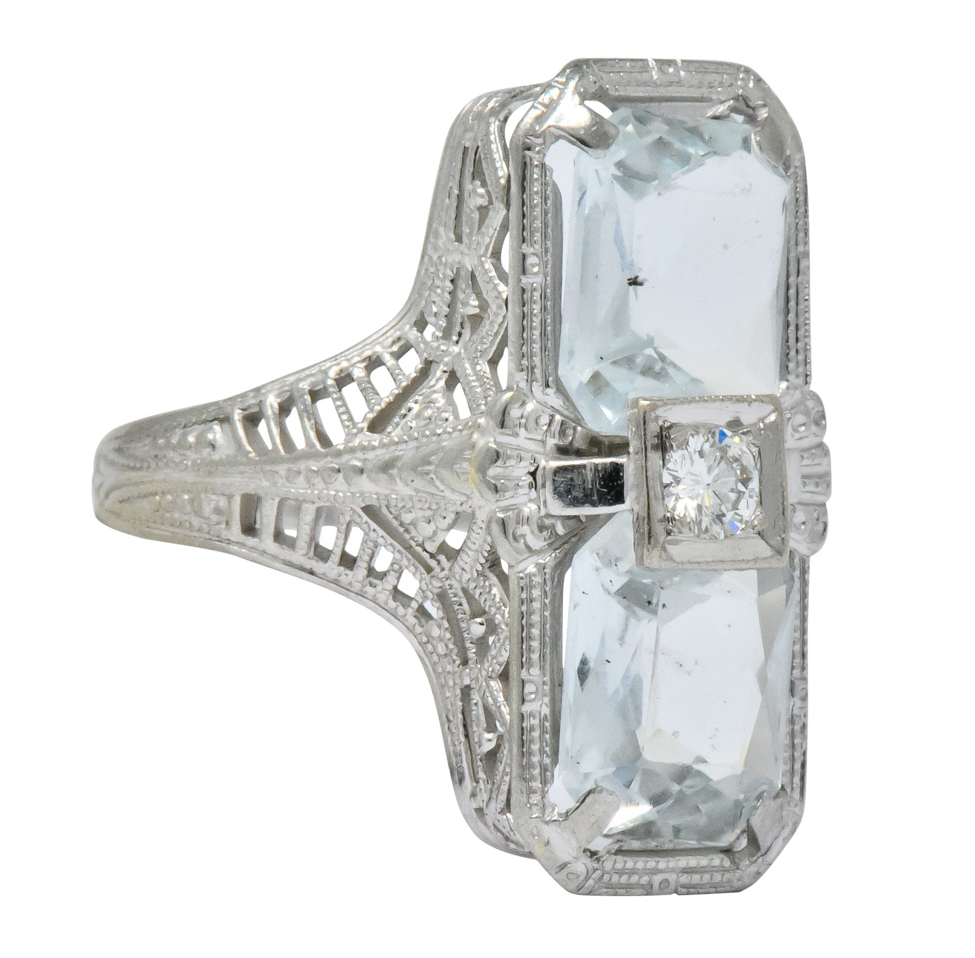 Edwardian 2.60 CTW Aquamarine Diamond 18 Karat White Gold Ring - Wilson's Estate Jewelry