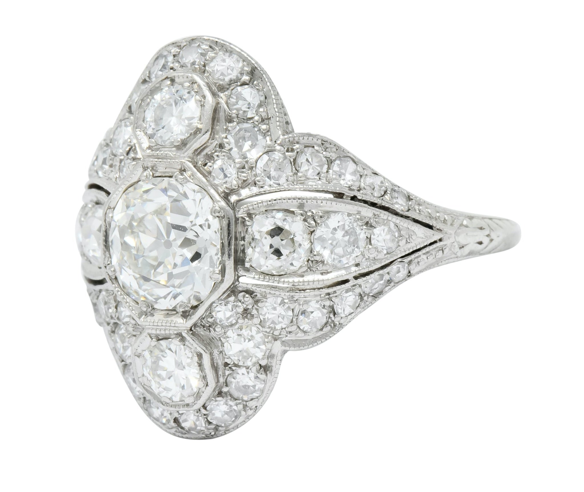 Edwardian 2.60 CTW Old European Diamond Platinum Quatrefoil Dinner Ring - Wilson's Estate Jewelry