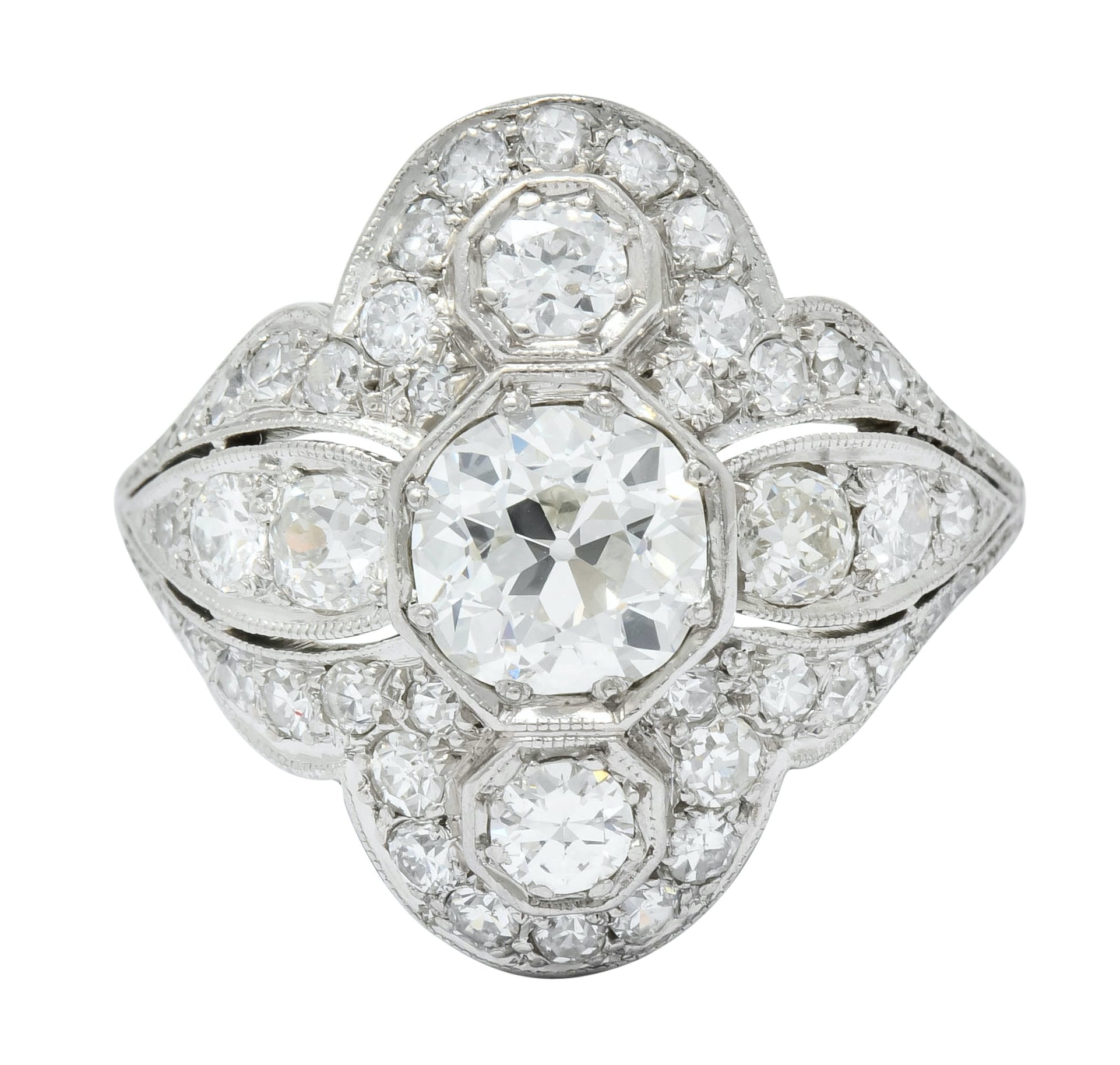 Edwardian 2.60 CTW Old European Diamond Platinum Quatrefoil Dinner Ring - Wilson's Estate Jewelry