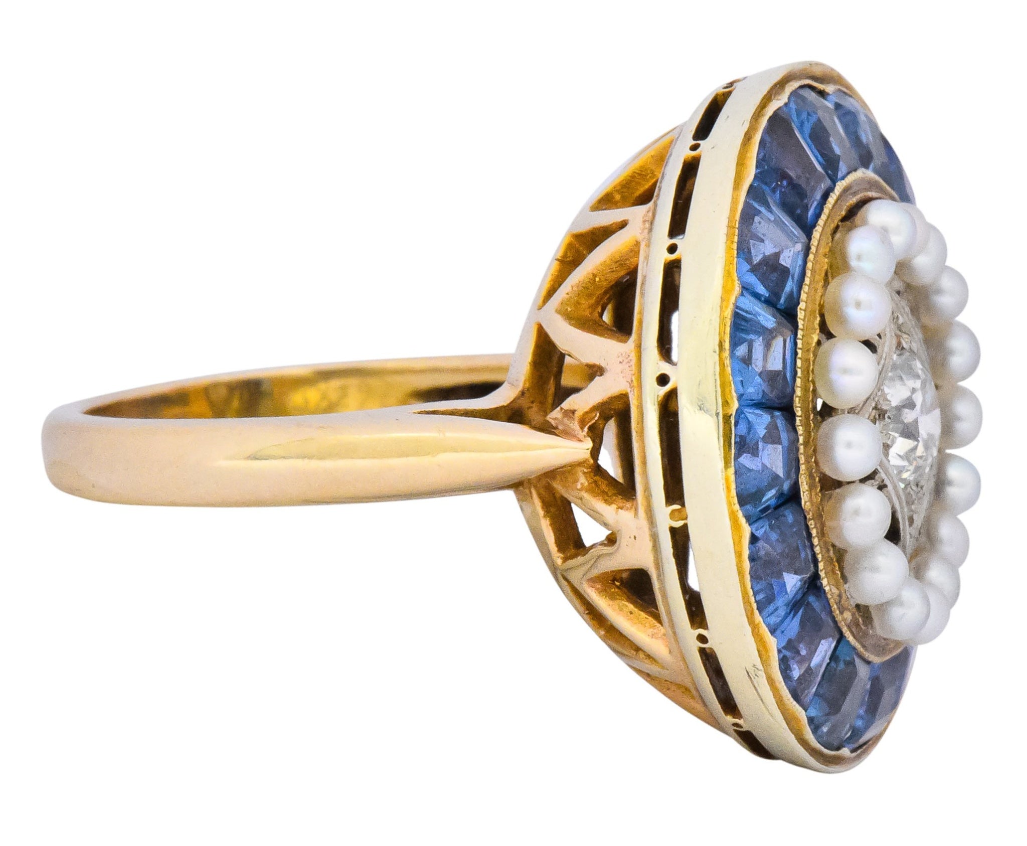 Edwardian 4.00 CTW Diamond Pearl Sapphire Platinum 14 Karat Gold Cocktail Ring - Wilson's Estate Jewelry