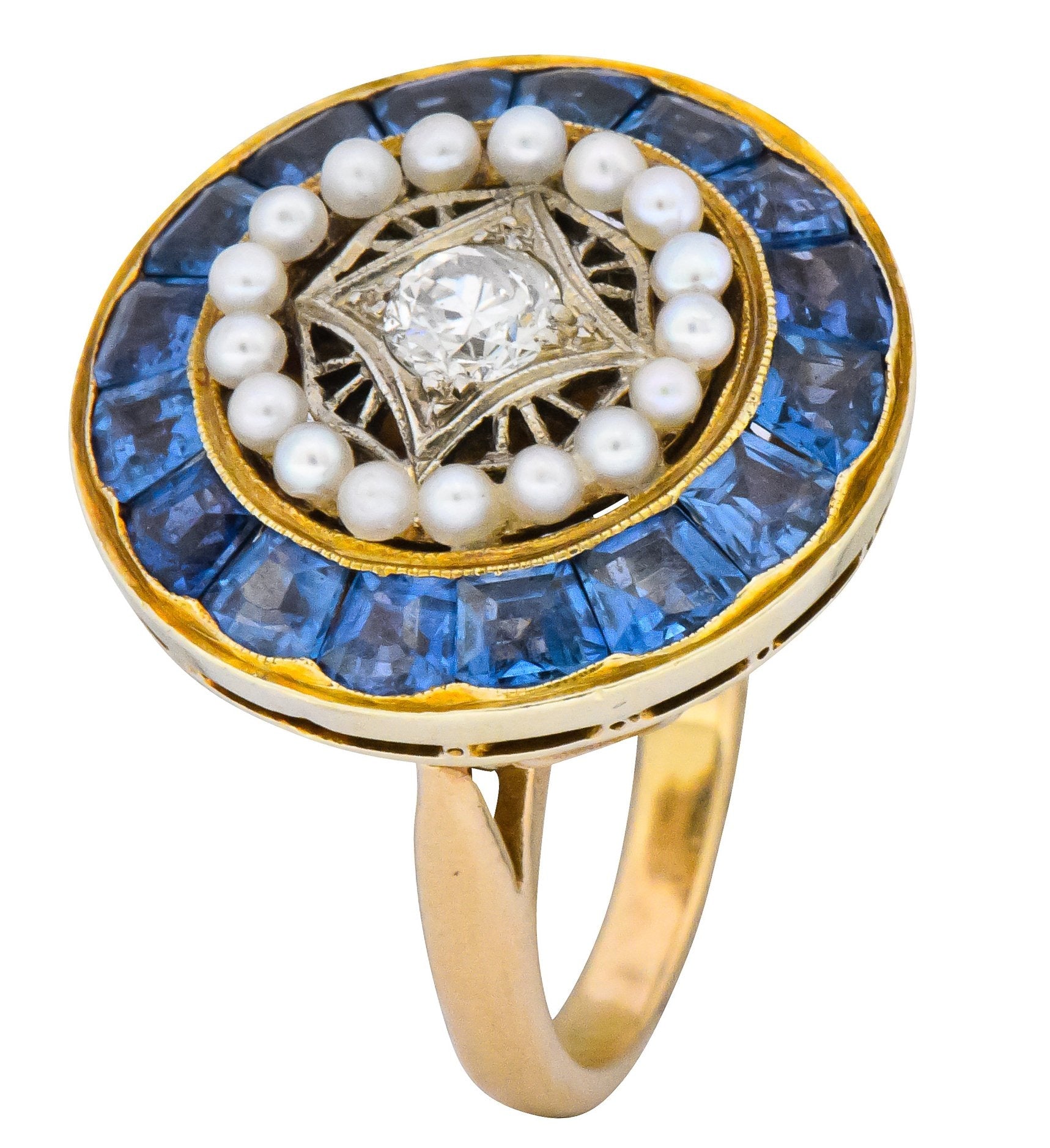 Edwardian 4.00 CTW Diamond Pearl Sapphire Platinum 14 Karat Gold Cocktail Ring - Wilson's Estate Jewelry