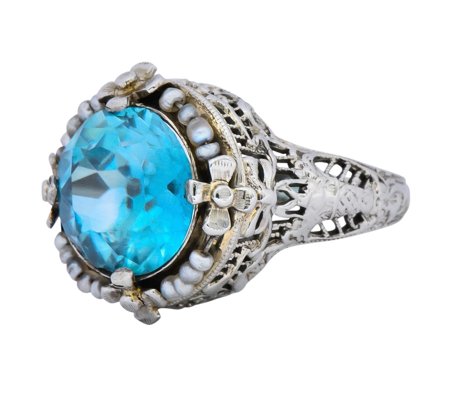 Edwardian 5.00 CTW Blue Zircon Seed Pearl 18 Karat White Gold Ring - Wilson's Estate Jewelry