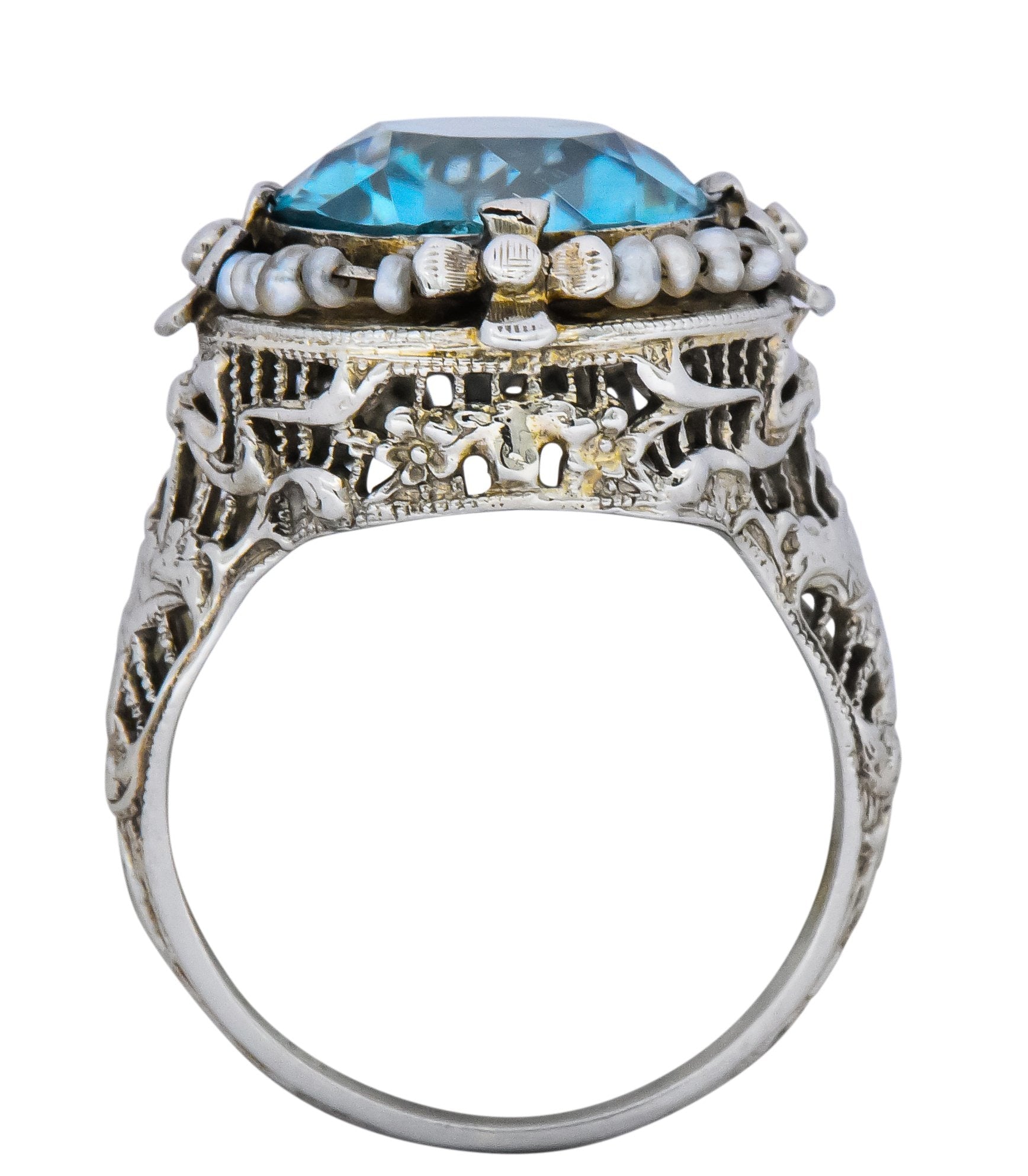 Edwardian 5.00 CTW Blue Zircon Seed Pearl 18 Karat White Gold Ring - Wilson's Estate Jewelry