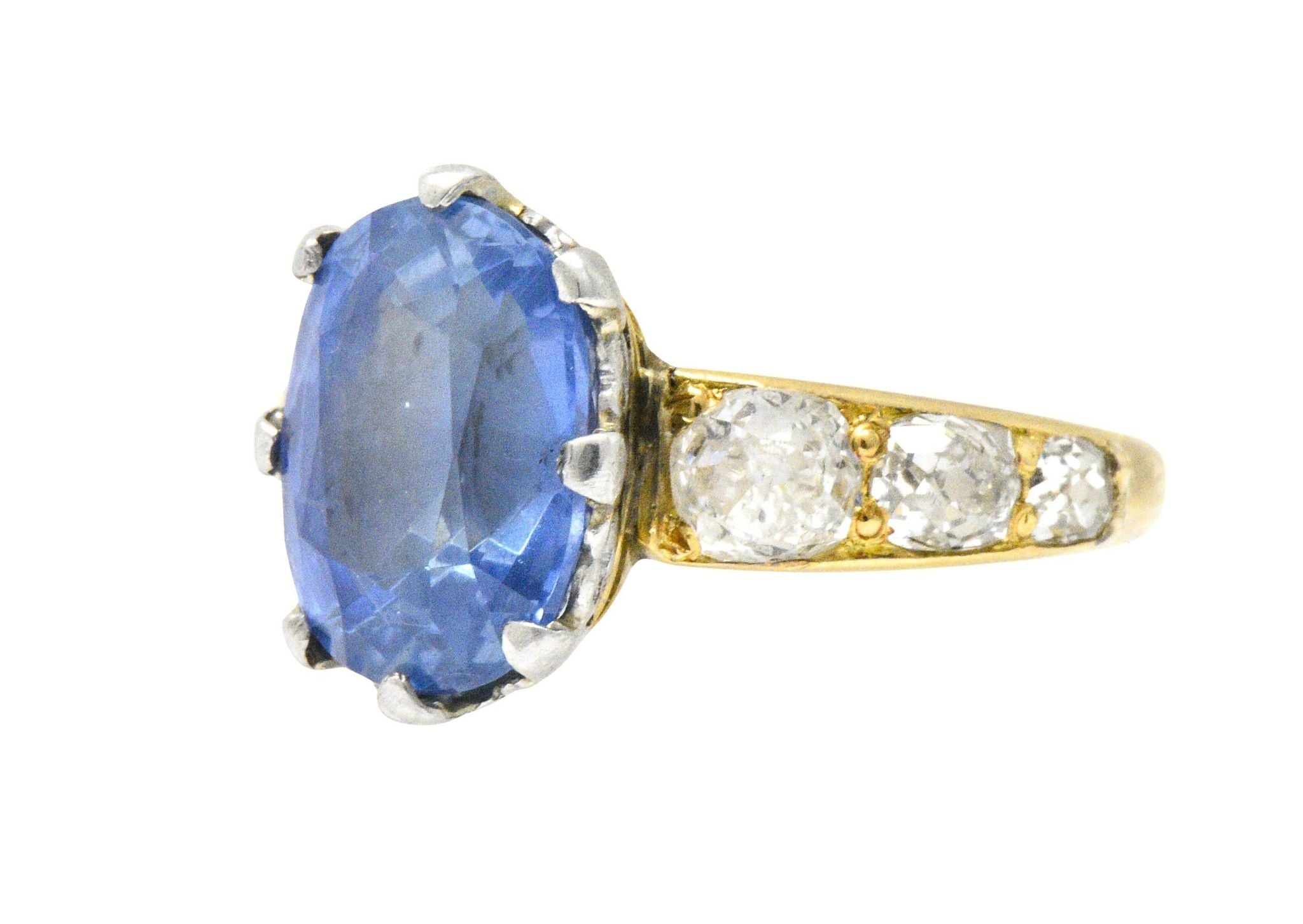 Edwardian 8.66 CTW Ceylon Sapphire Diamond Platinum 18 Karat Gold Ring Wilson's Estate Jewelry