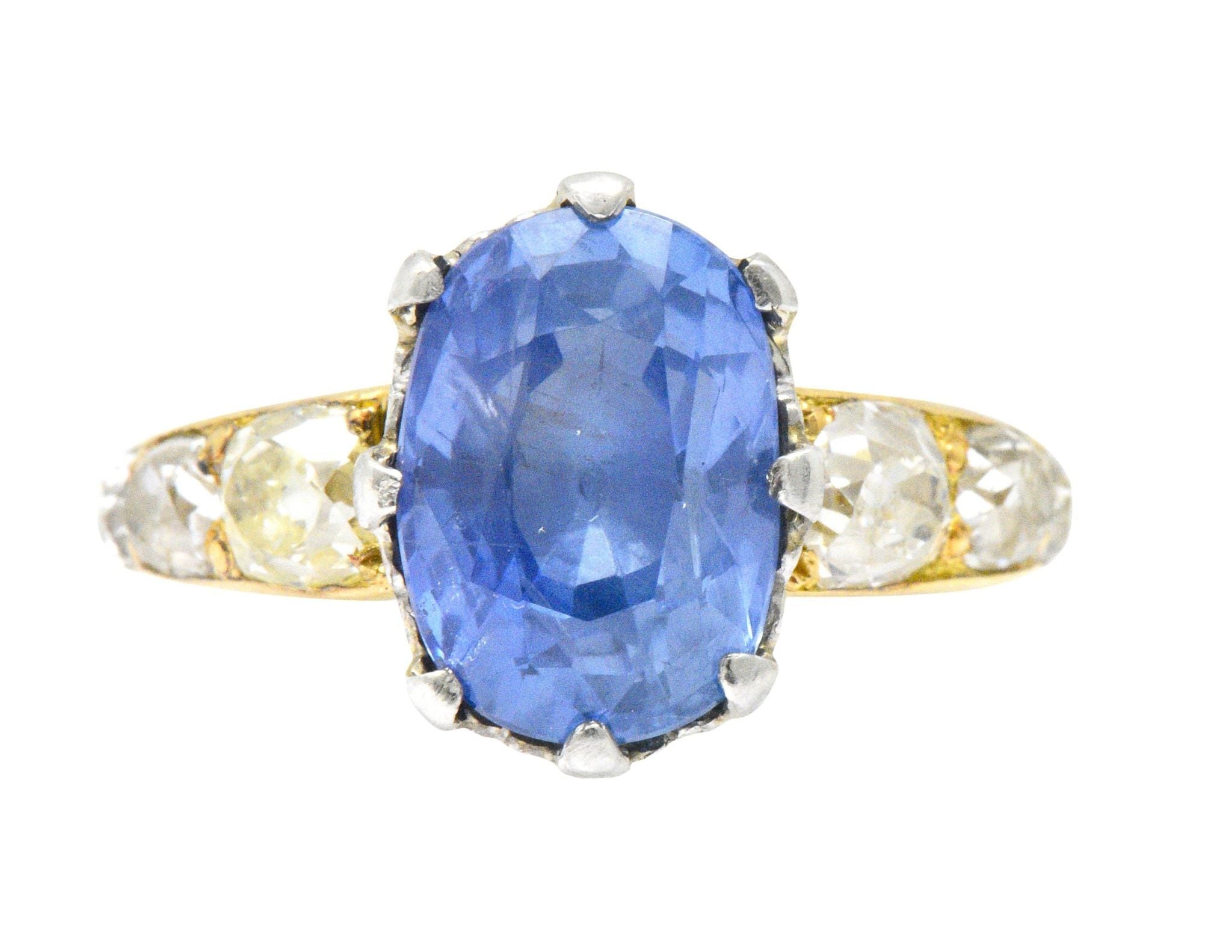 Edwardian 8.66 CTW Ceylon Sapphire Diamond Platinum 18 Karat Gold Ring Wilson's Estate Jewelry