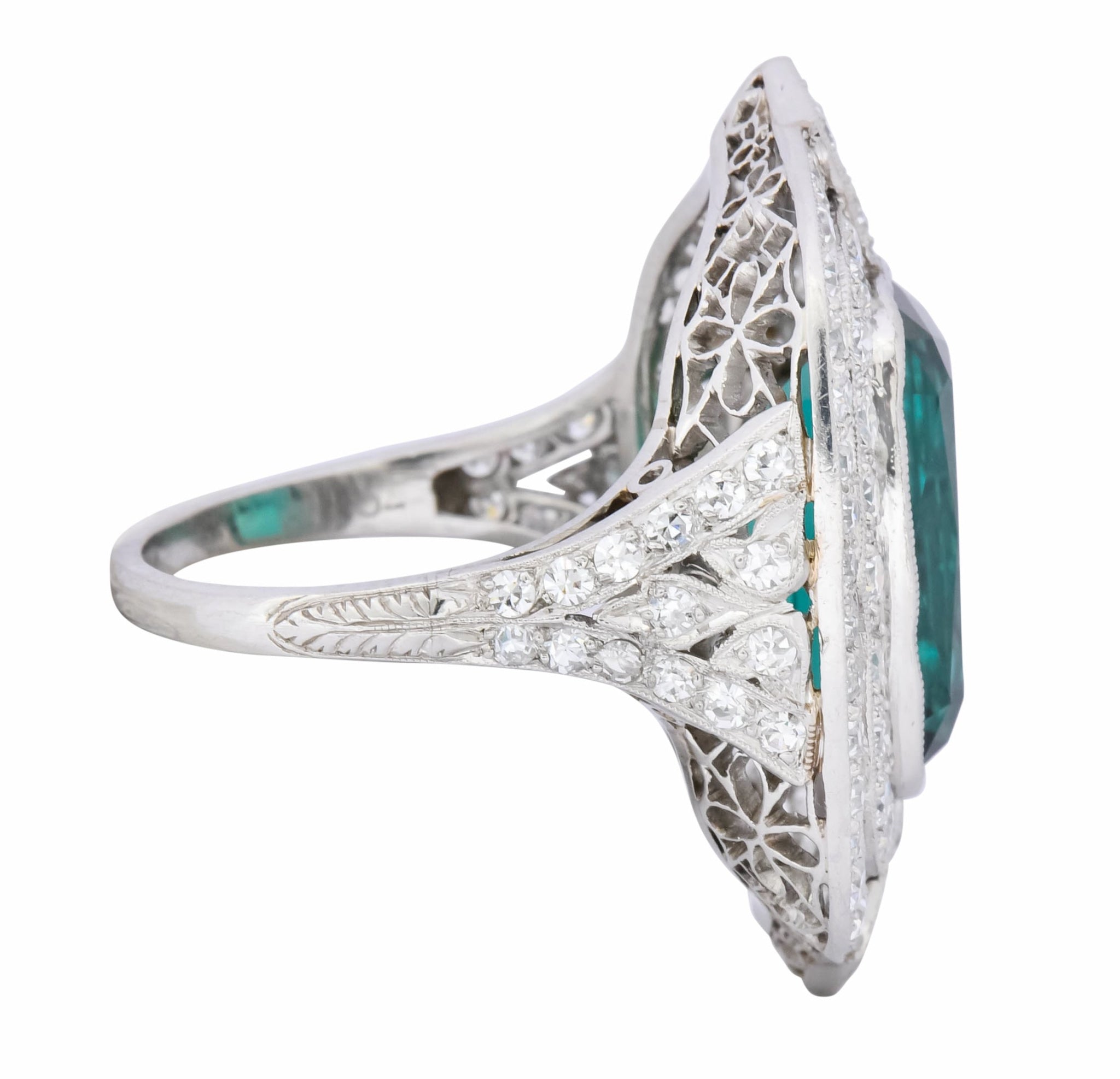 Edwardian 9.90 CTW Green Tourmaline Diamond Platinum Belle Epoque Ring - Wilson's Estate Jewelry