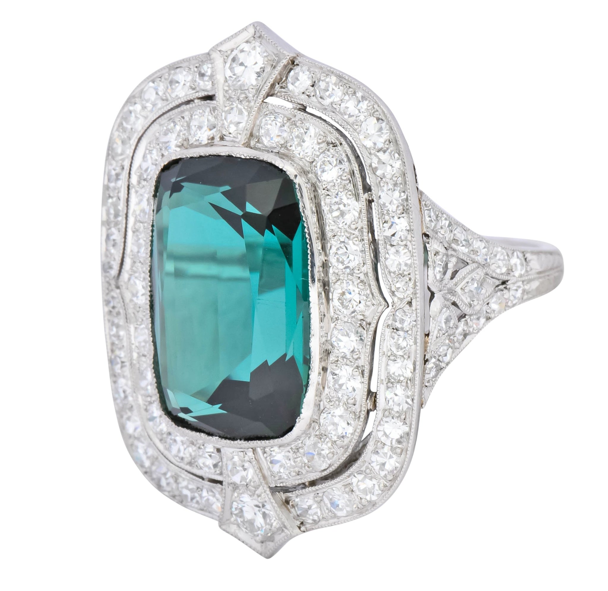 Edwardian 9.90 CTW Green Tourmaline Diamond Platinum Belle Epoque Ring - Wilson's Estate Jewelry