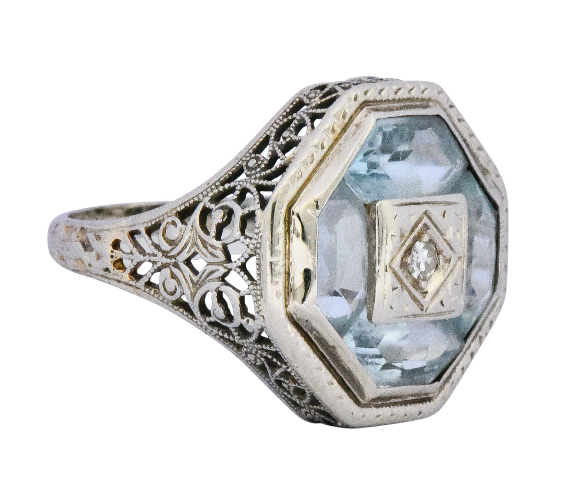 Edwardian Aquamarine Diamond 14 Karat White Gold Dinner Ring - Wilson's Estate Jewelry