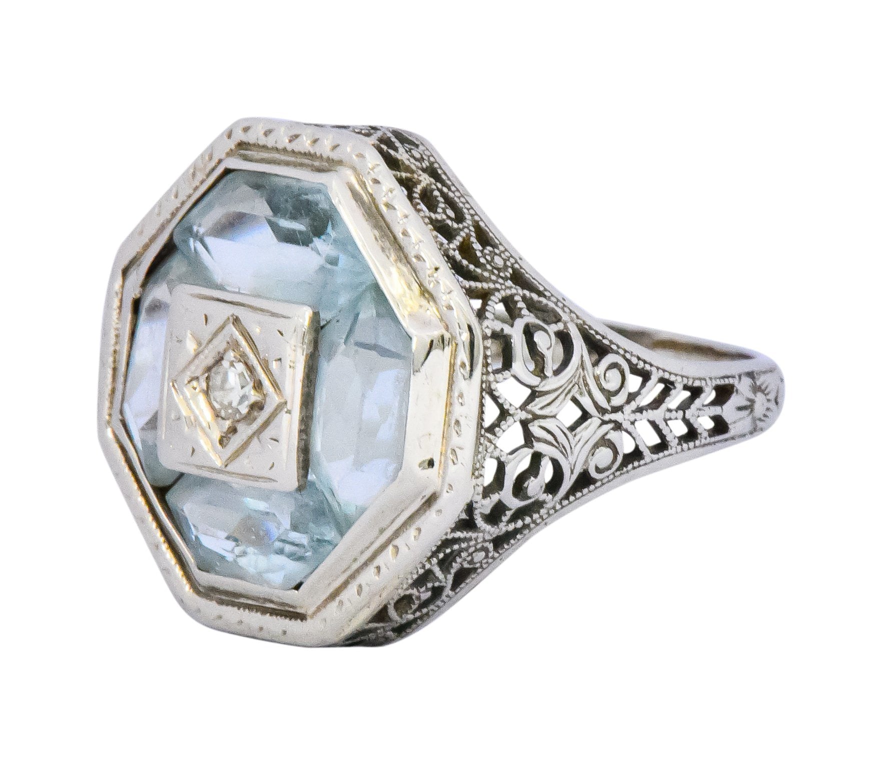 Edwardian Aquamarine Diamond 14 Karat White Gold Dinner Ring - Wilson's Estate Jewelry