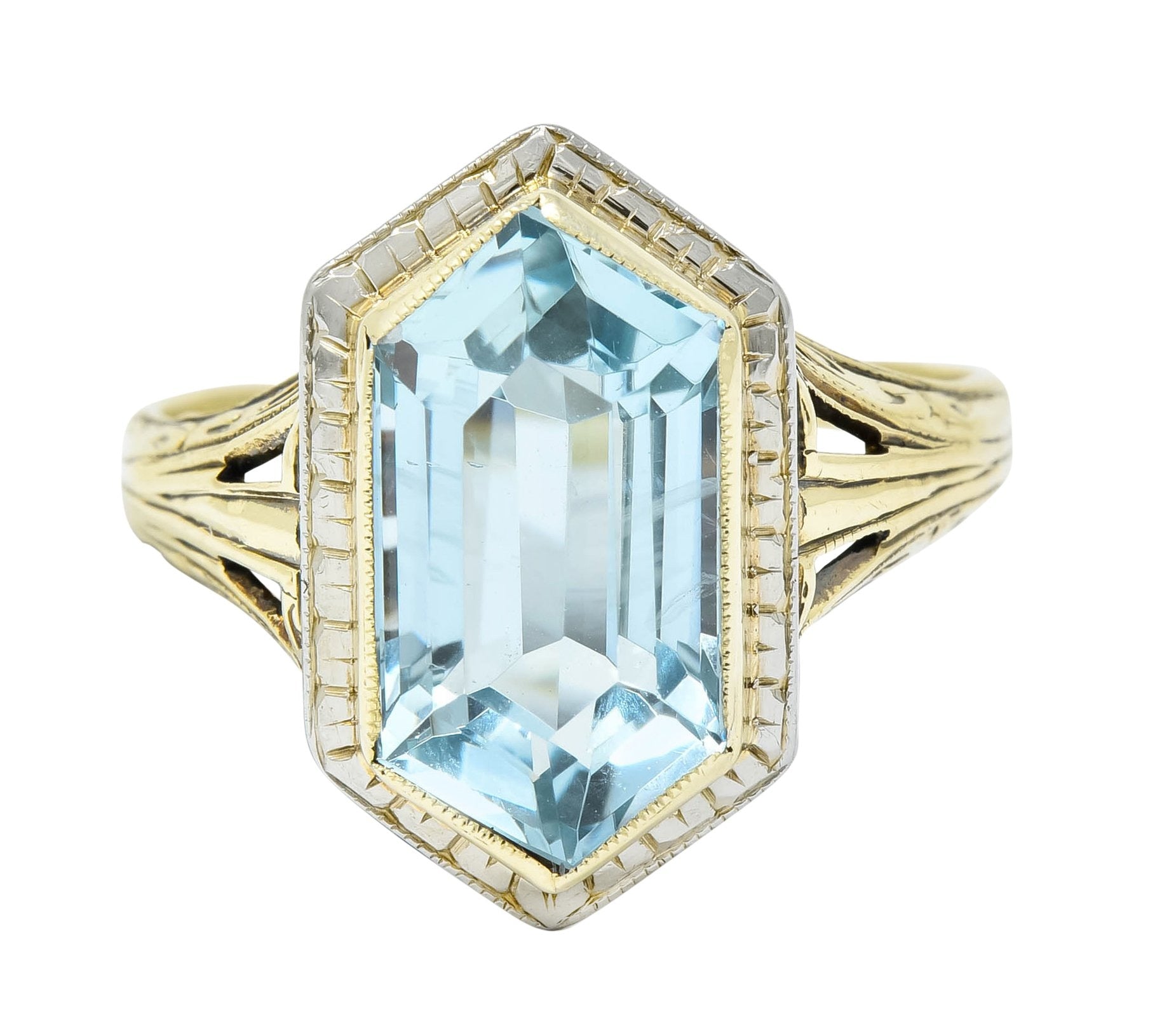 Edwardian Aquamarine Platinum-Topped 14 Karat Gold Hexagonal Ring - Wilson's Estate Jewelry