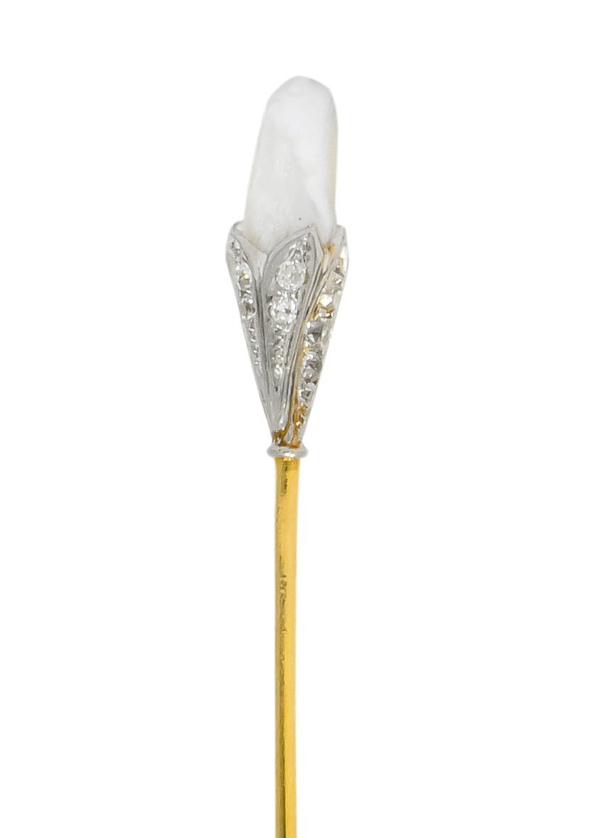 Edwardian Baroque Pearl Diamond Platinum Gold Stickpin - Wilson's Estate Jewelry