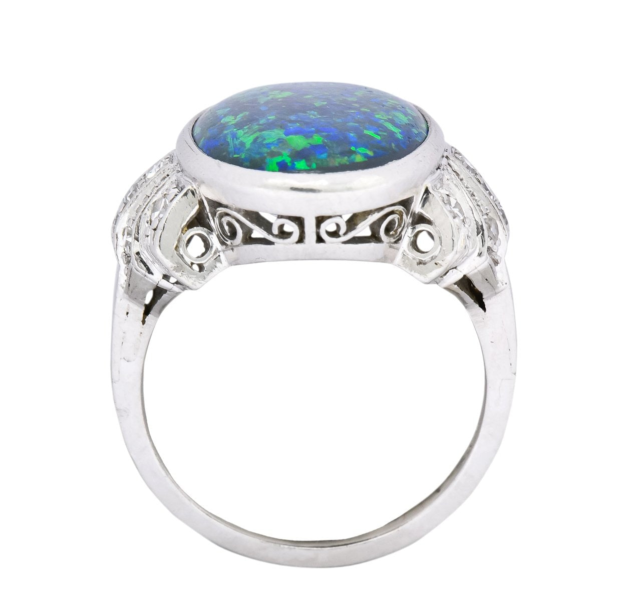 Edwardian Black Opal Diamond Platinum Cocktail Ring - Wilson's Estate Jewelry