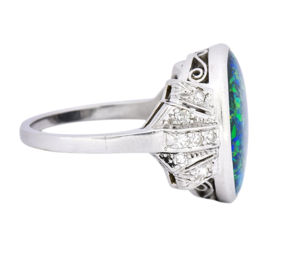 Edwardian Black Opal Diamond Platinum Cocktail Ring - Wilson's Estate Jewelry