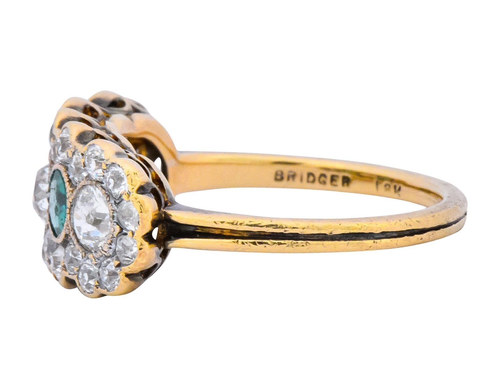 Edwardian Bridger 1.60 CTW Diamond Emerald 18 Karat Gold Cluster Anniversary Ring - Wilson's Estate Jewelry