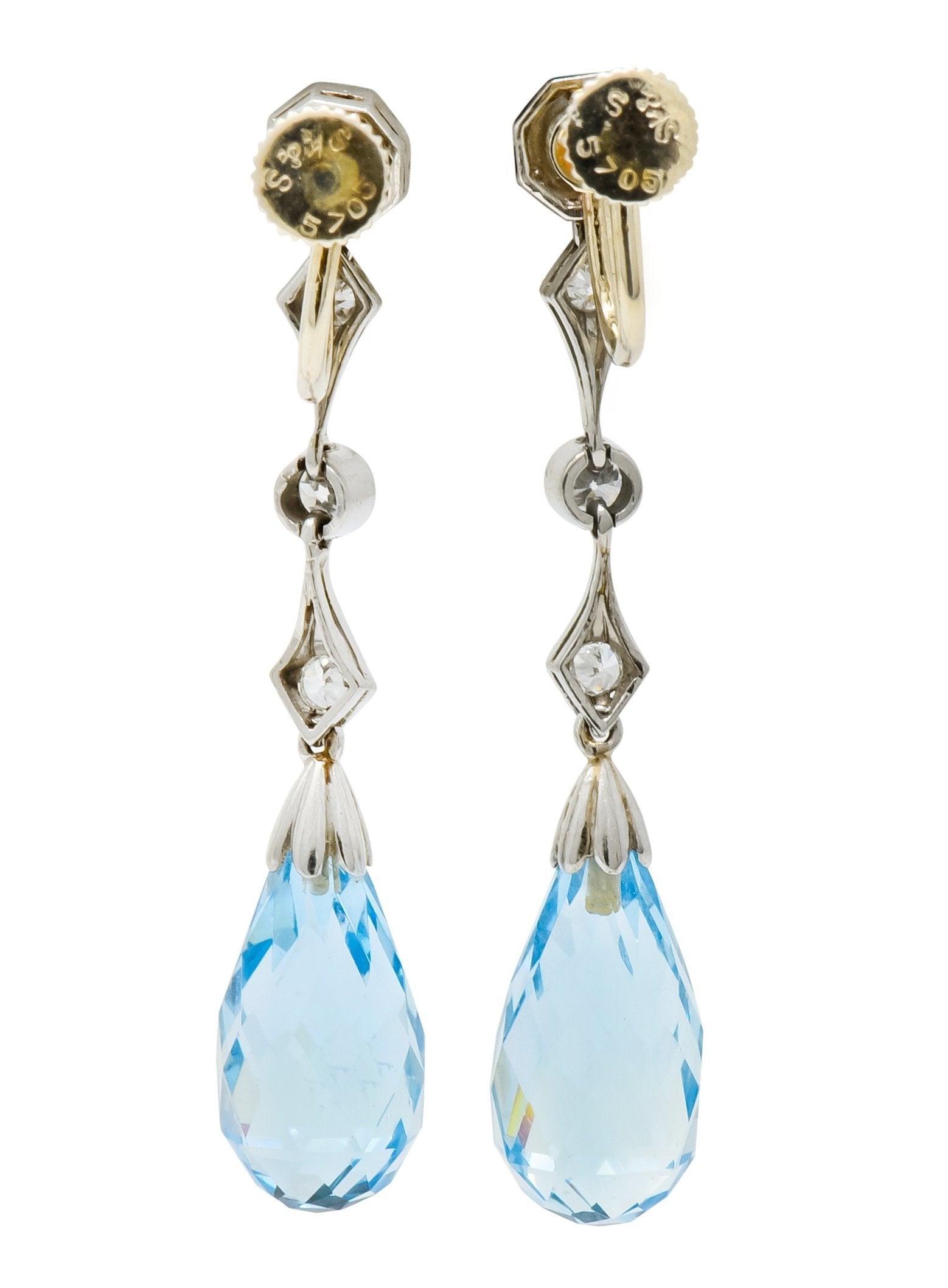 Edwardian Diamond Aquamarine Briolette Platinum Drop Earrings - Wilson's Estate Jewelry