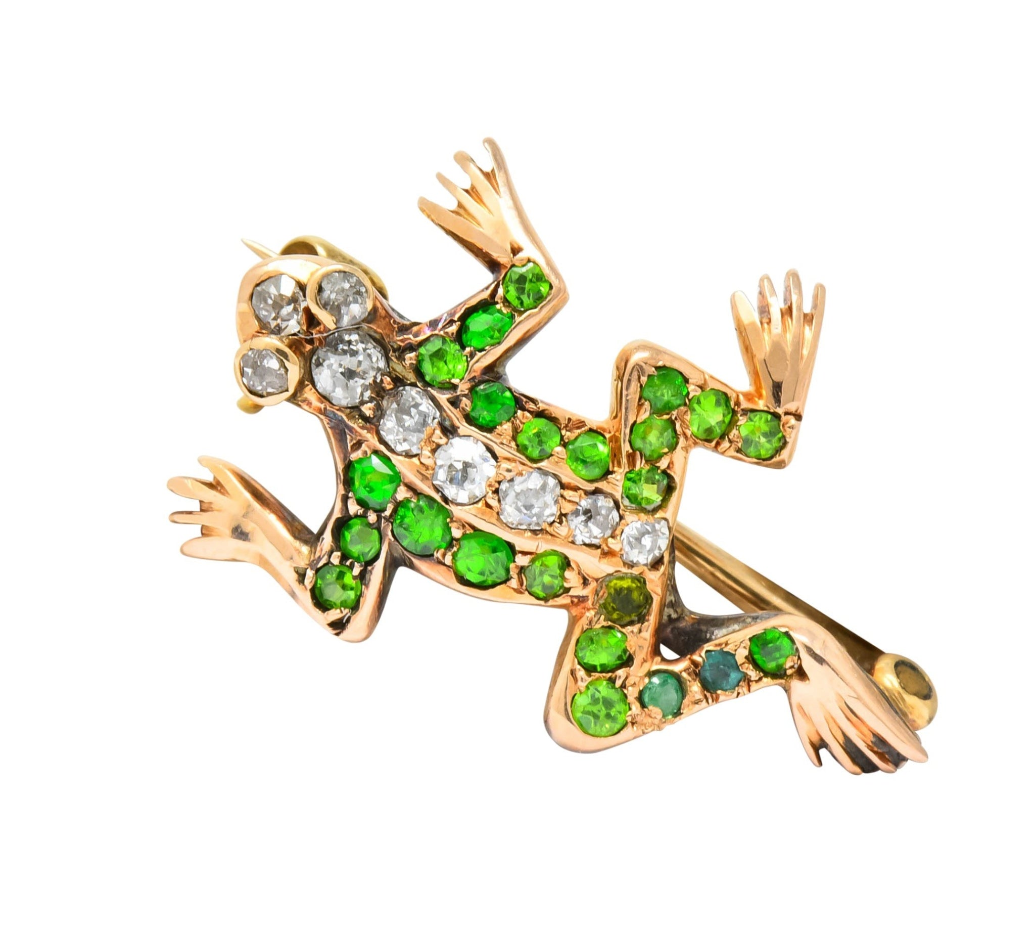 Edwardian Diamond Demantoid Garnet 14 Karat Gold Frog Brooch Circa 1900 - Wilson's Estate Jewelry