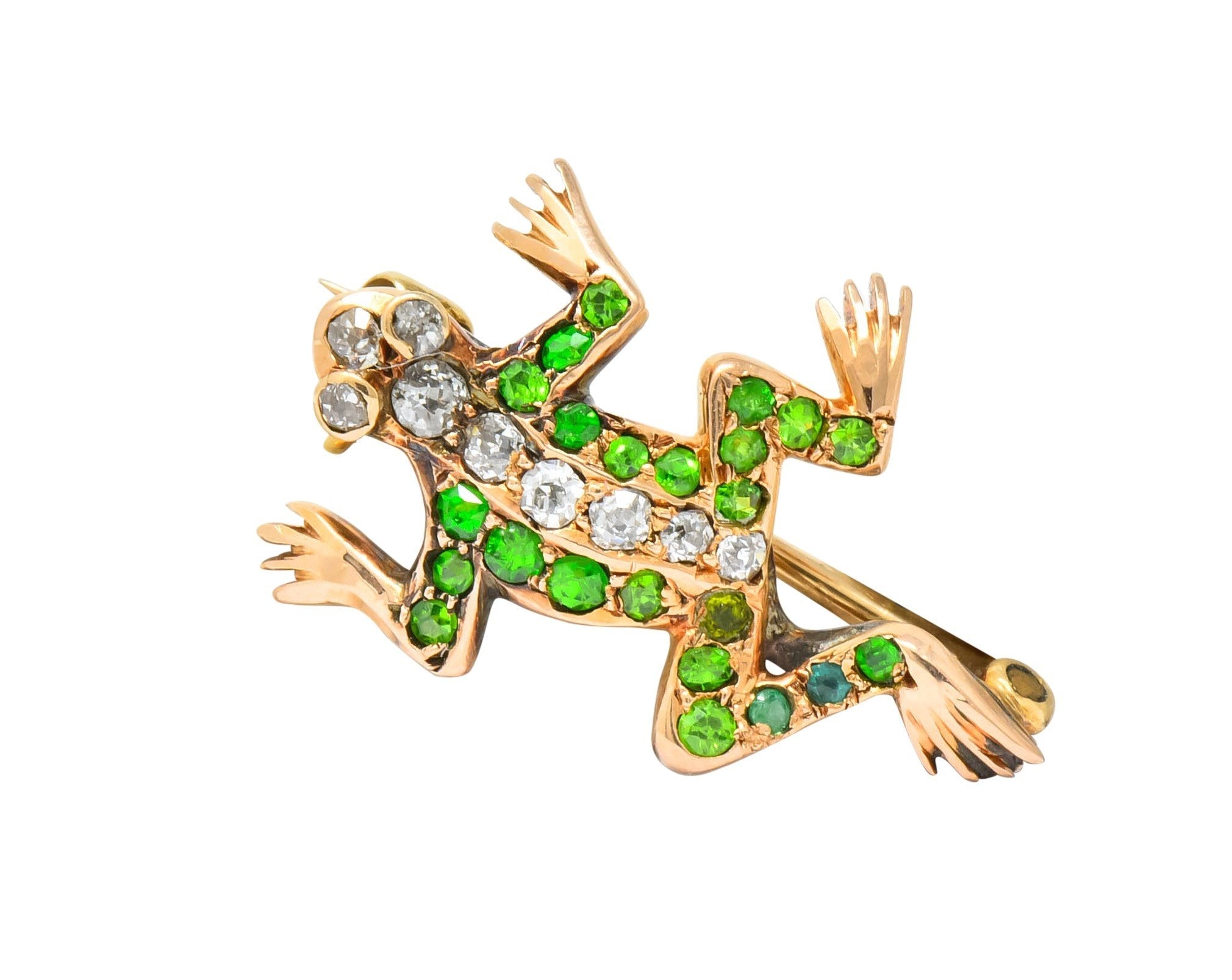 Edwardian Diamond Demantoid Garnet 14 Karat Gold Frog Brooch Circa 1900 - Wilson's Estate Jewelry