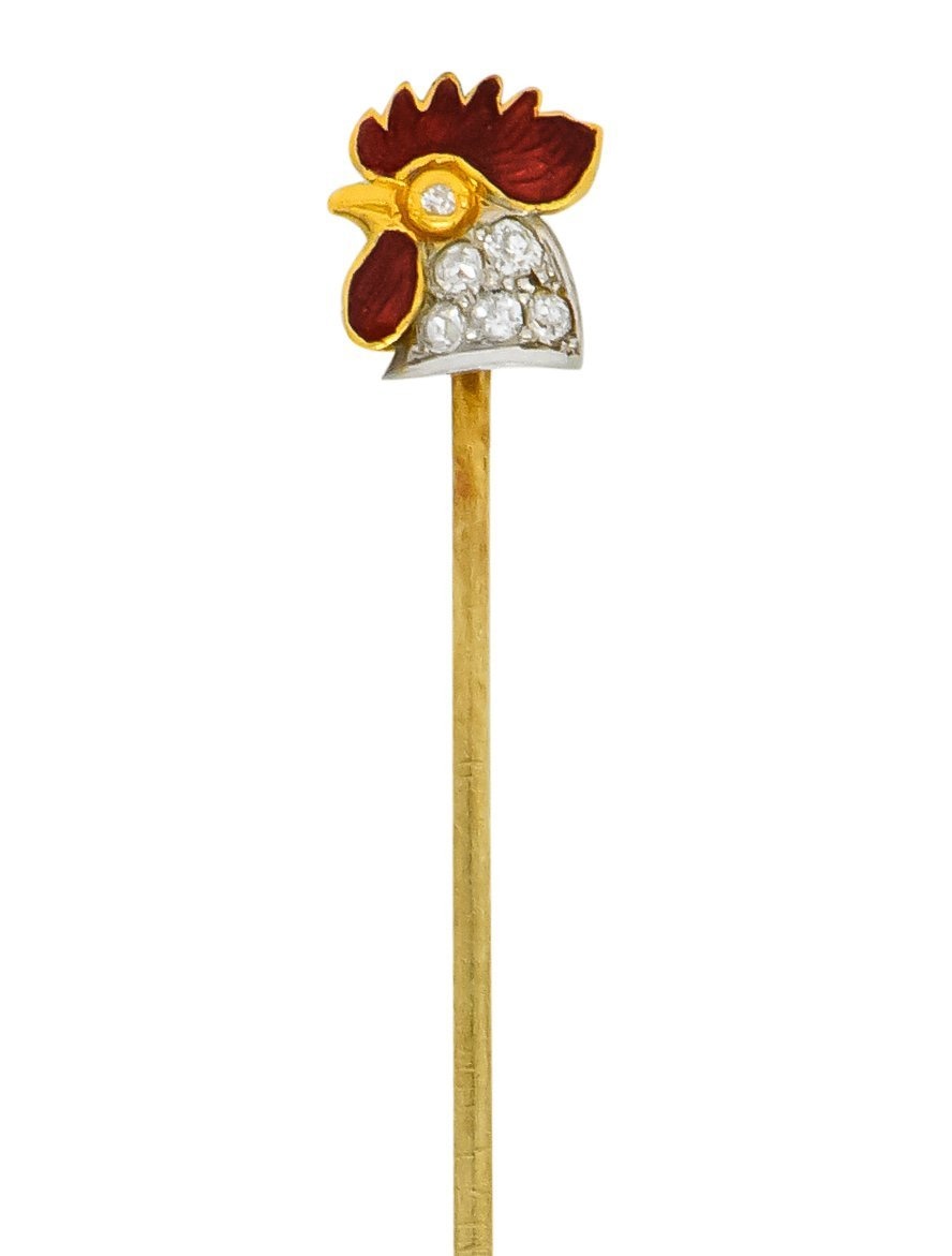 Edwardian Diamond Enamel Platinum-Topped 18 Karat Gold Rooster Stickpin - Wilson's Estate Jewelry