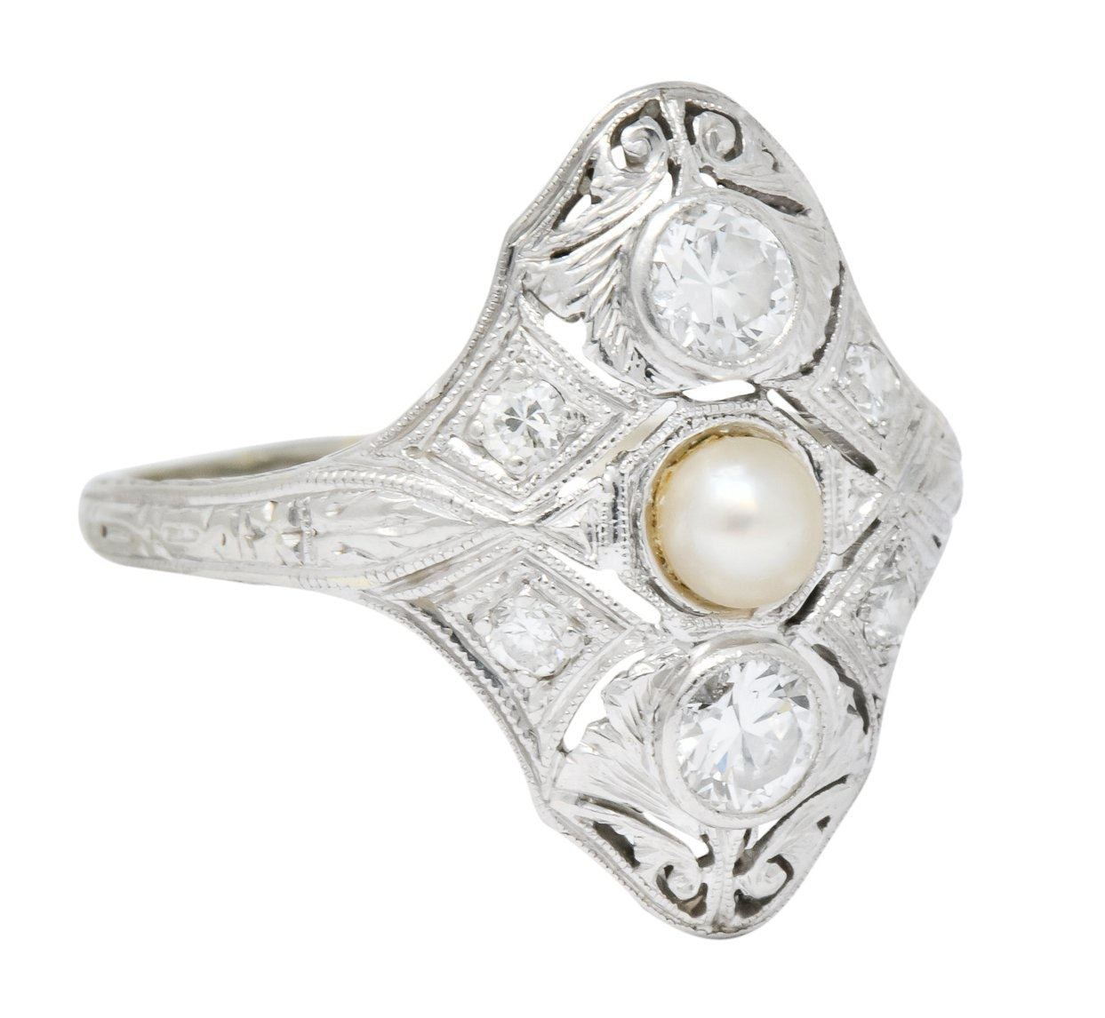 Edwardian Diamond Pearl Platinum 18 Karat White Gold Dinner Ring - Wilson's Estate Jewelry