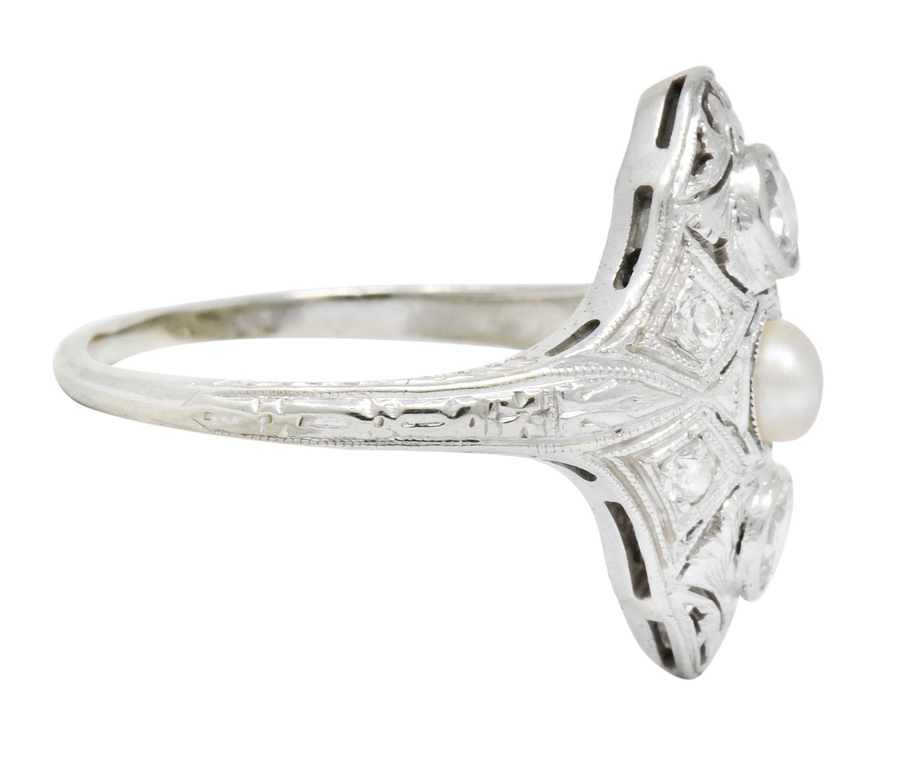 Edwardian Diamond Pearl Platinum 18 Karat White Gold Dinner Ring - Wilson's Estate Jewelry