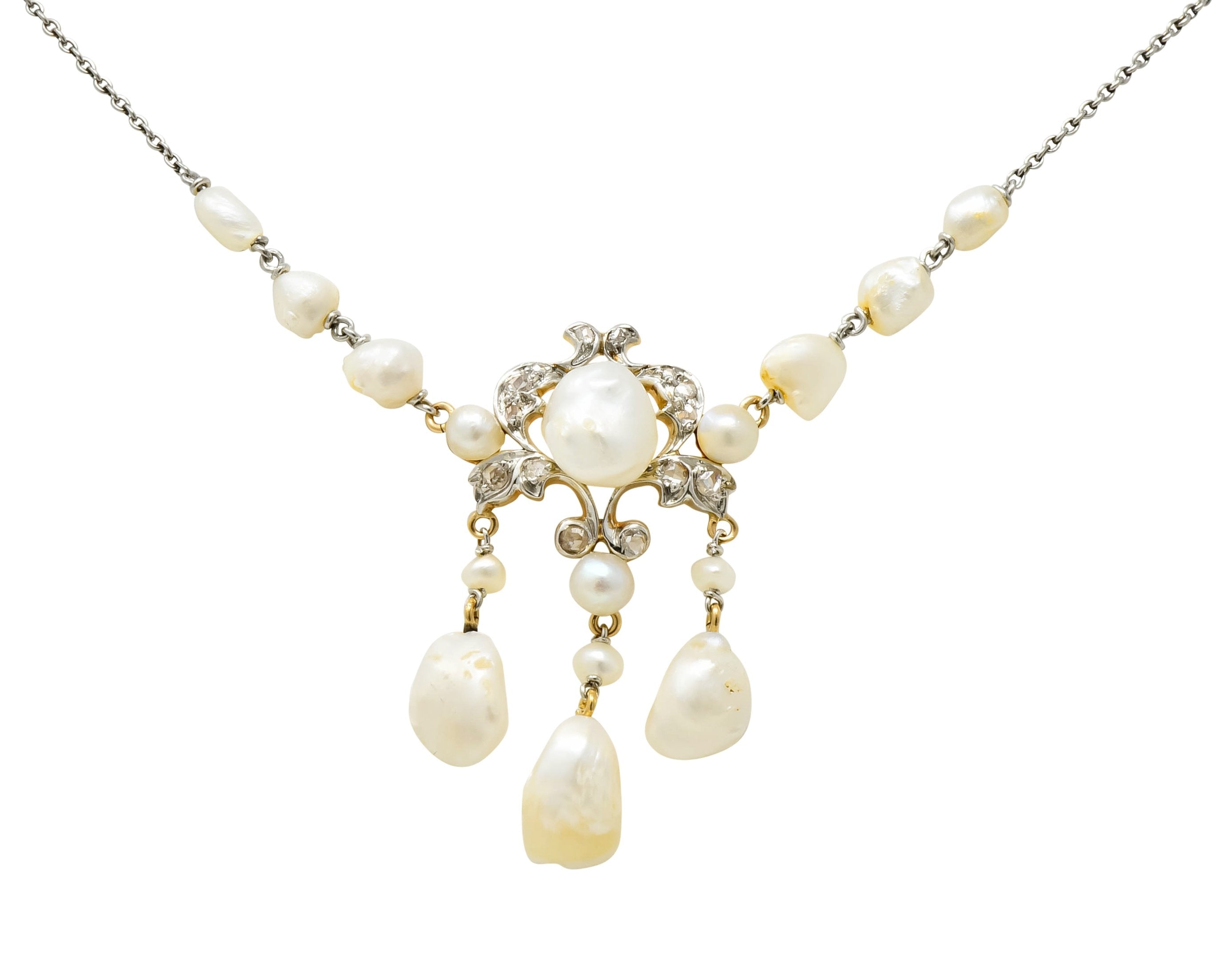 Edwardian Freshwater Natural Pearl Diamond Platinum-Topped 14 Karat Gold Drop Necklace - Wilson's Estate Jewelry