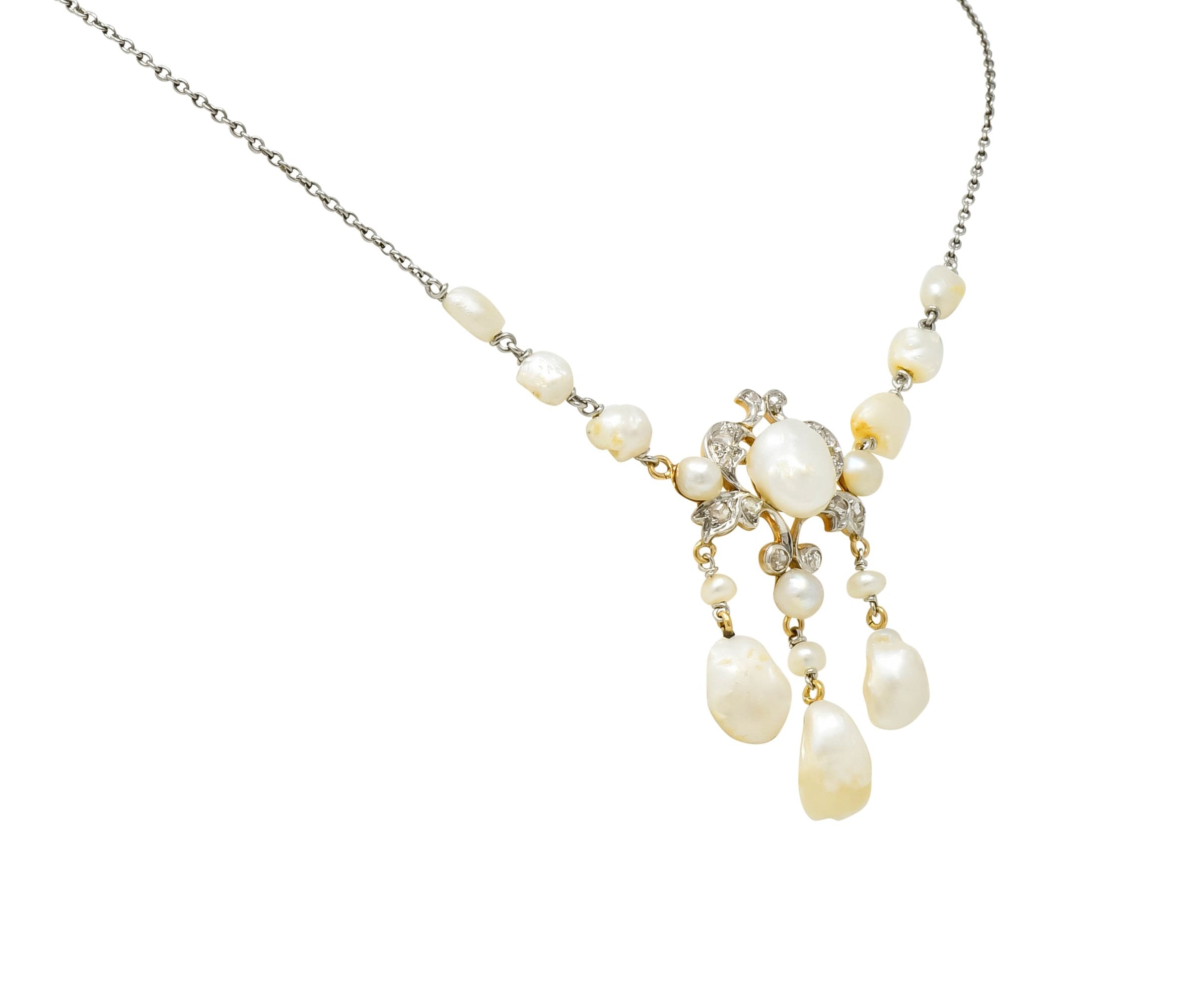 Edwardian Freshwater Natural Pearl Diamond Platinum-Topped 14 Karat Gold Drop Necklace - Wilson's Estate Jewelry