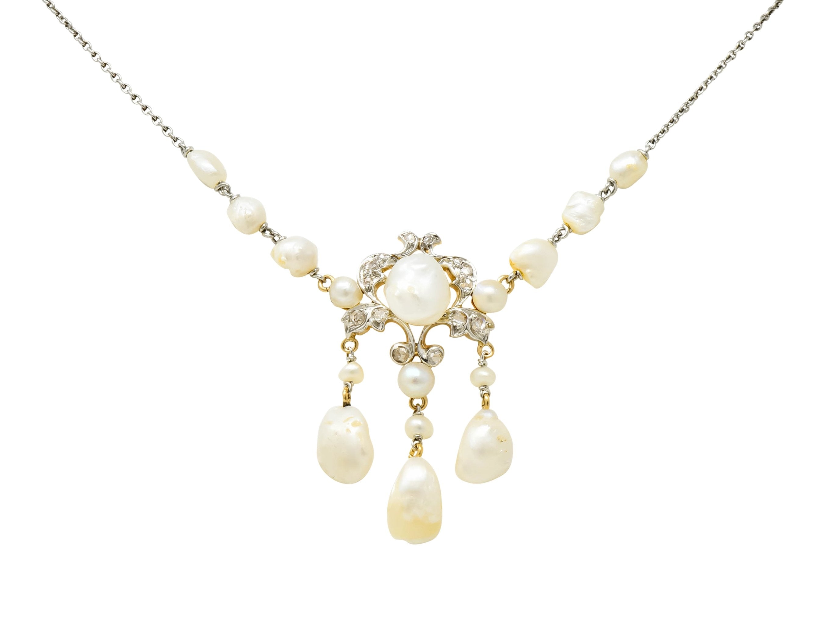 Edwardian Freshwater Natural Pearl Diamond Platinum-Topped 14 Karat Gold Drop Necklace - Wilson's Estate Jewelry