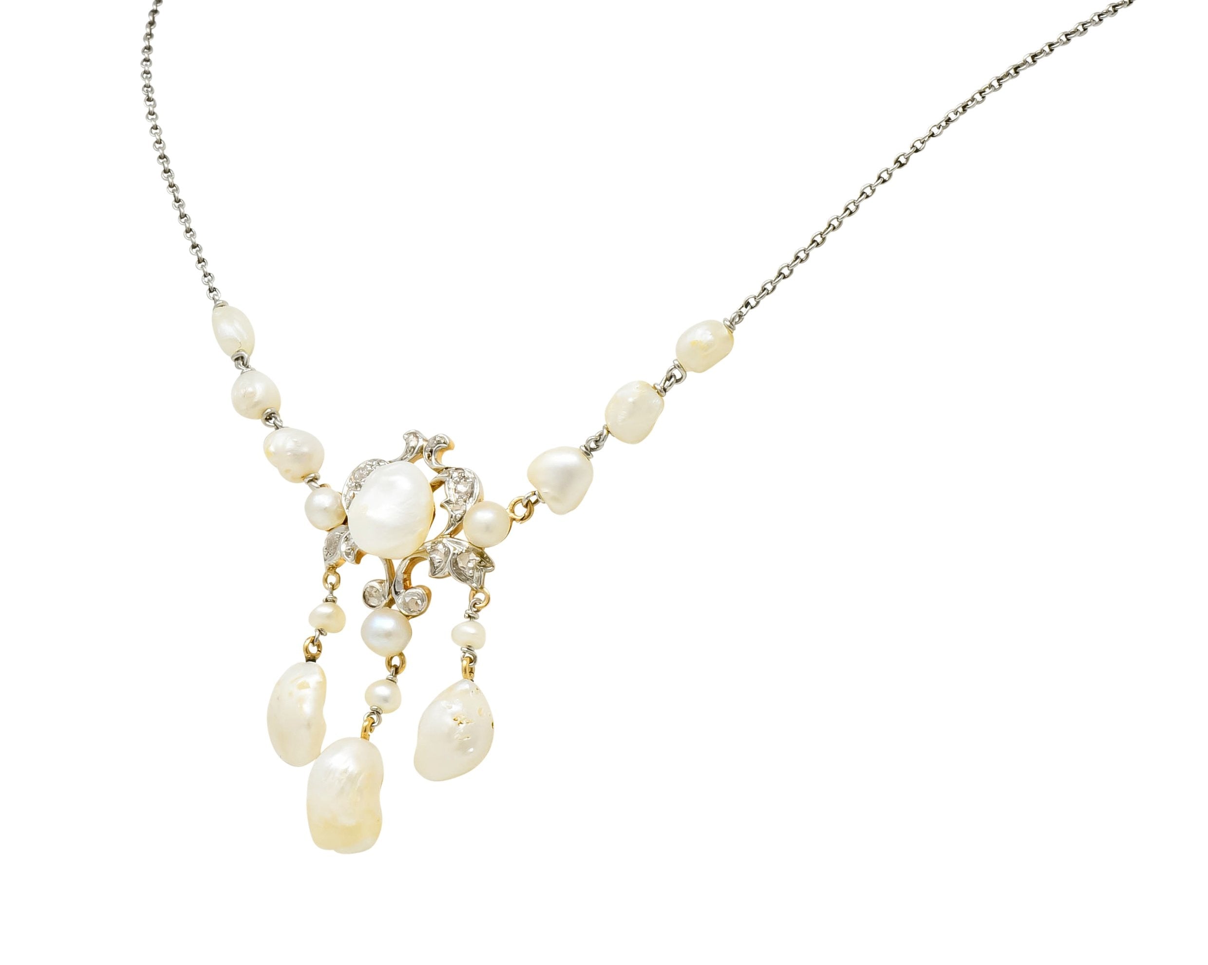 Edwardian Freshwater Natural Pearl Diamond Platinum-Topped 14 Karat Gold Drop Necklace - Wilson's Estate Jewelry