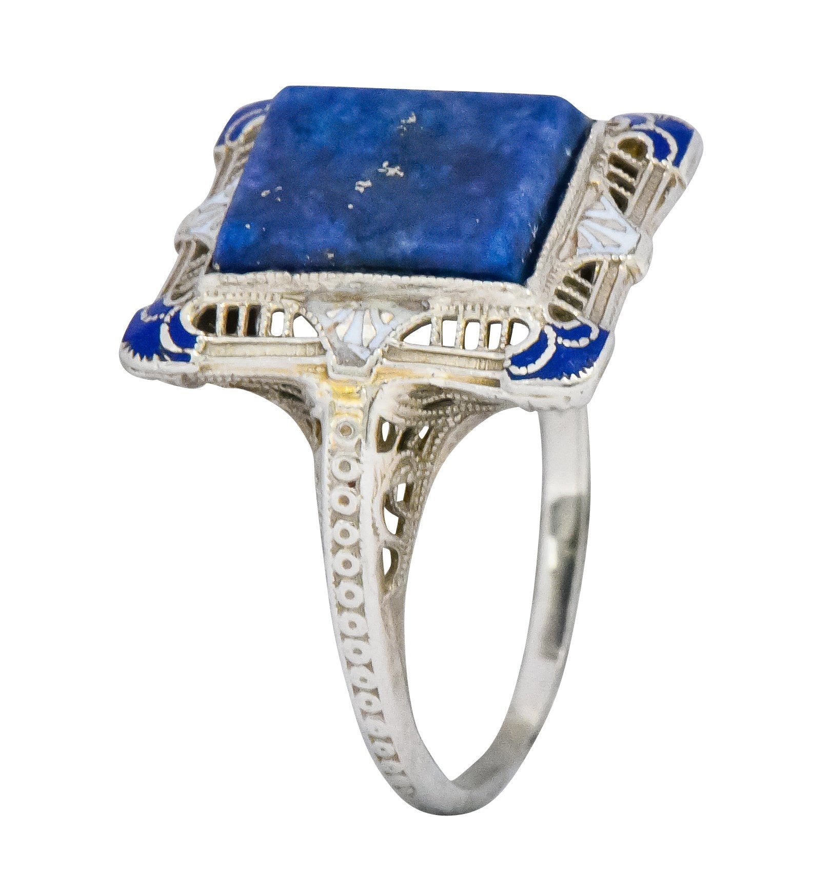 Edwardian Lapis Lazuli Enamel 14 Karat White Gold Dinner Ring - Wilson's Estate Jewelry