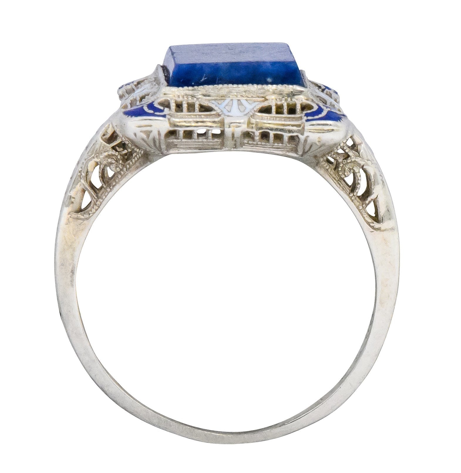 Edwardian Lapis Lazuli Enamel 14 Karat White Gold Dinner Ring - Wilson's Estate Jewelry