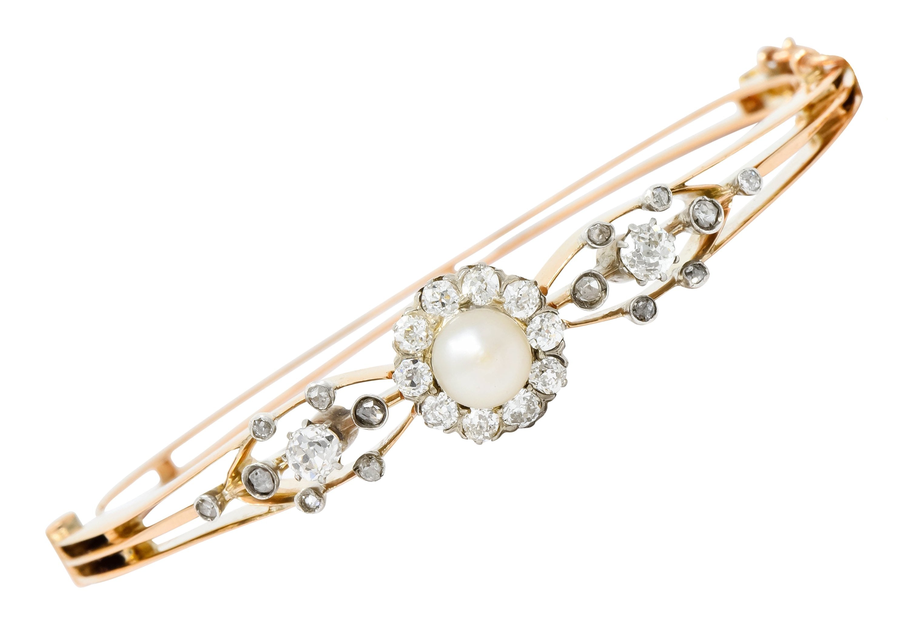 Edwardian Natural Pearl Diamond Cluster Platinum-Topped 14 Karat Gold Bangle Bracelet - Wilson's Estate Jewelry