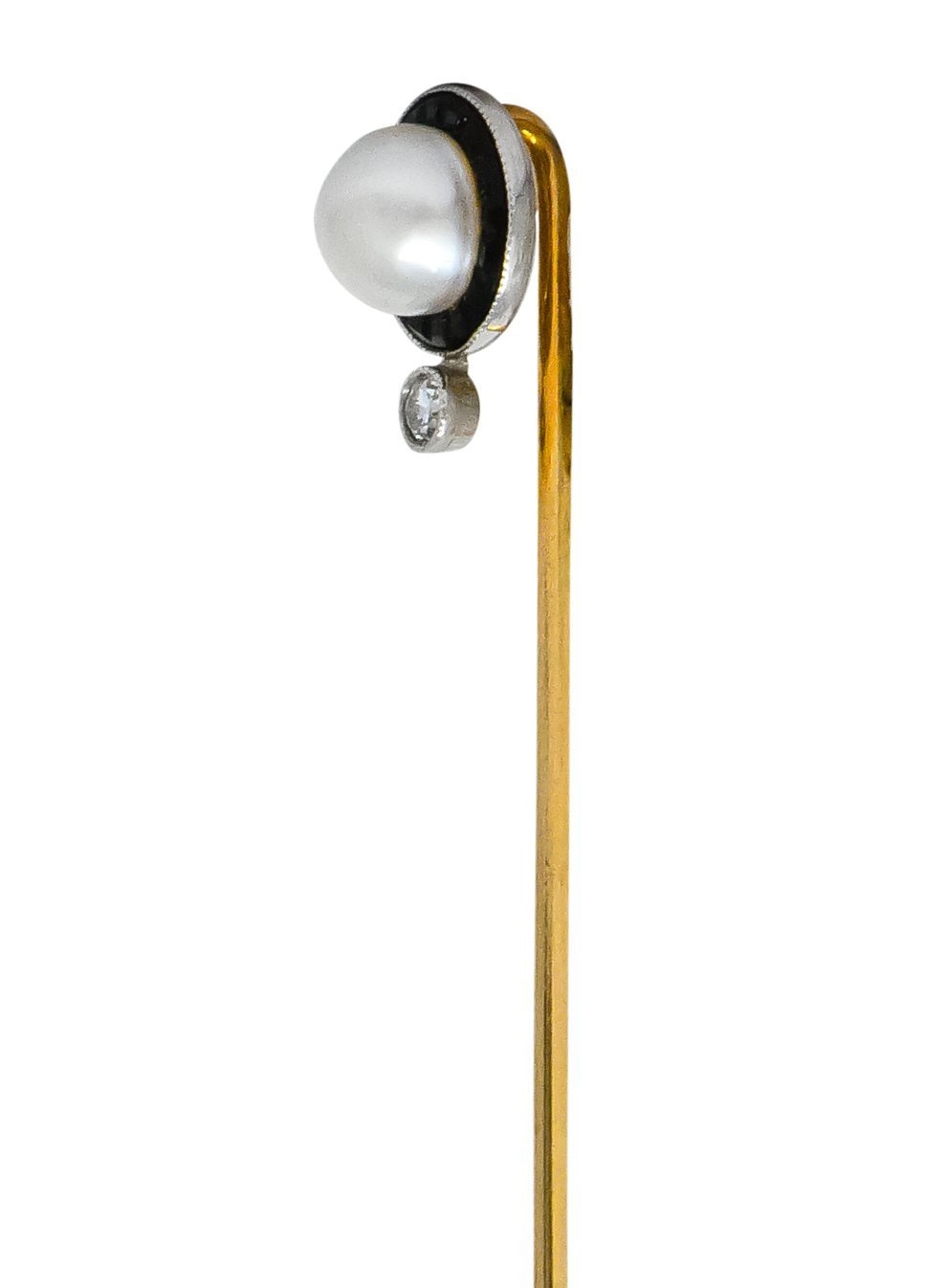 Edwardian Pearl Diamond Carved Onyx Platinum Gold Stickpin - Wilson's Estate Jewelry