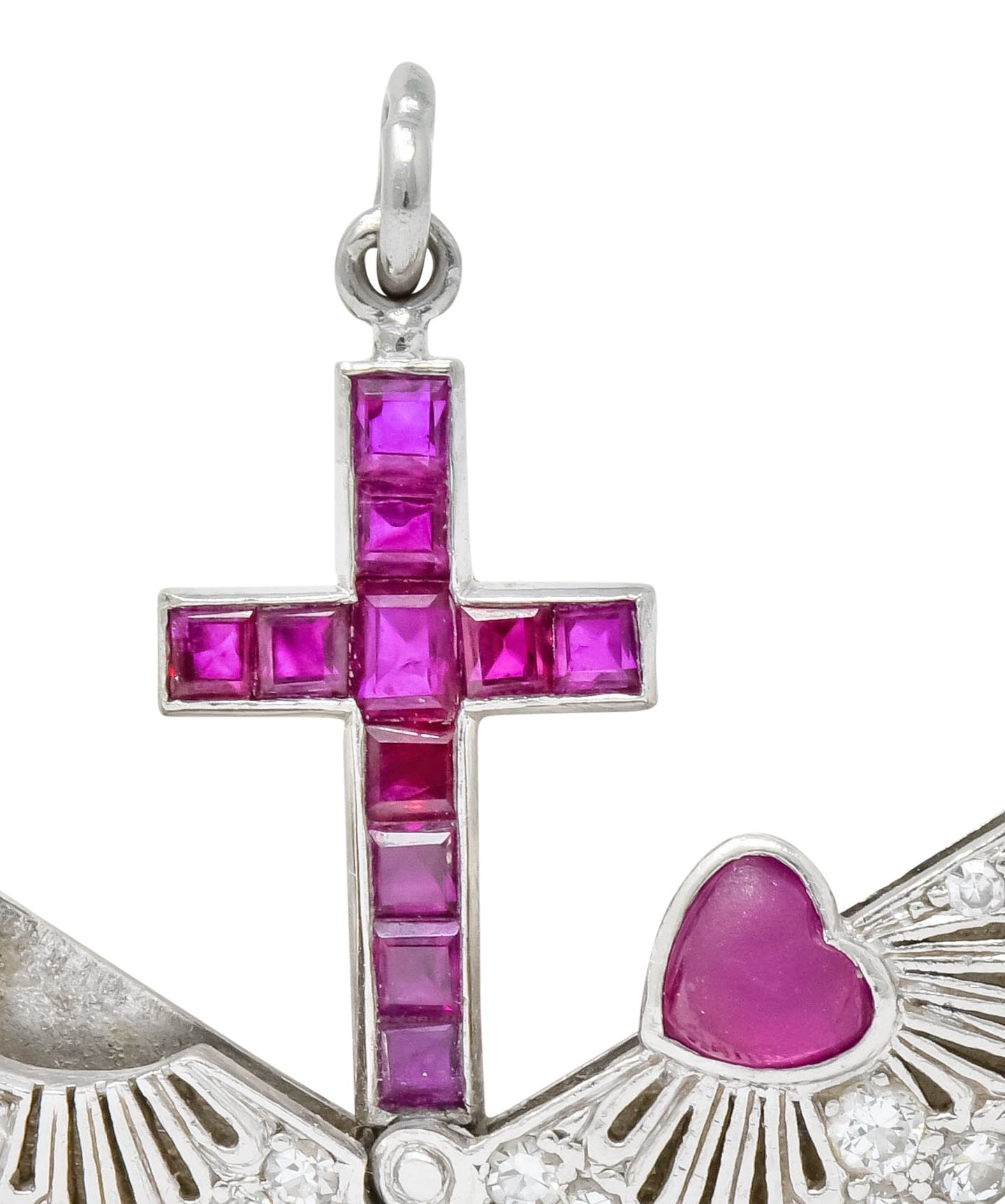 Edwardian Ruby Diamond Platinum Sacred Heart Cross Articulated Charm - Wilson's Estate Jewelry