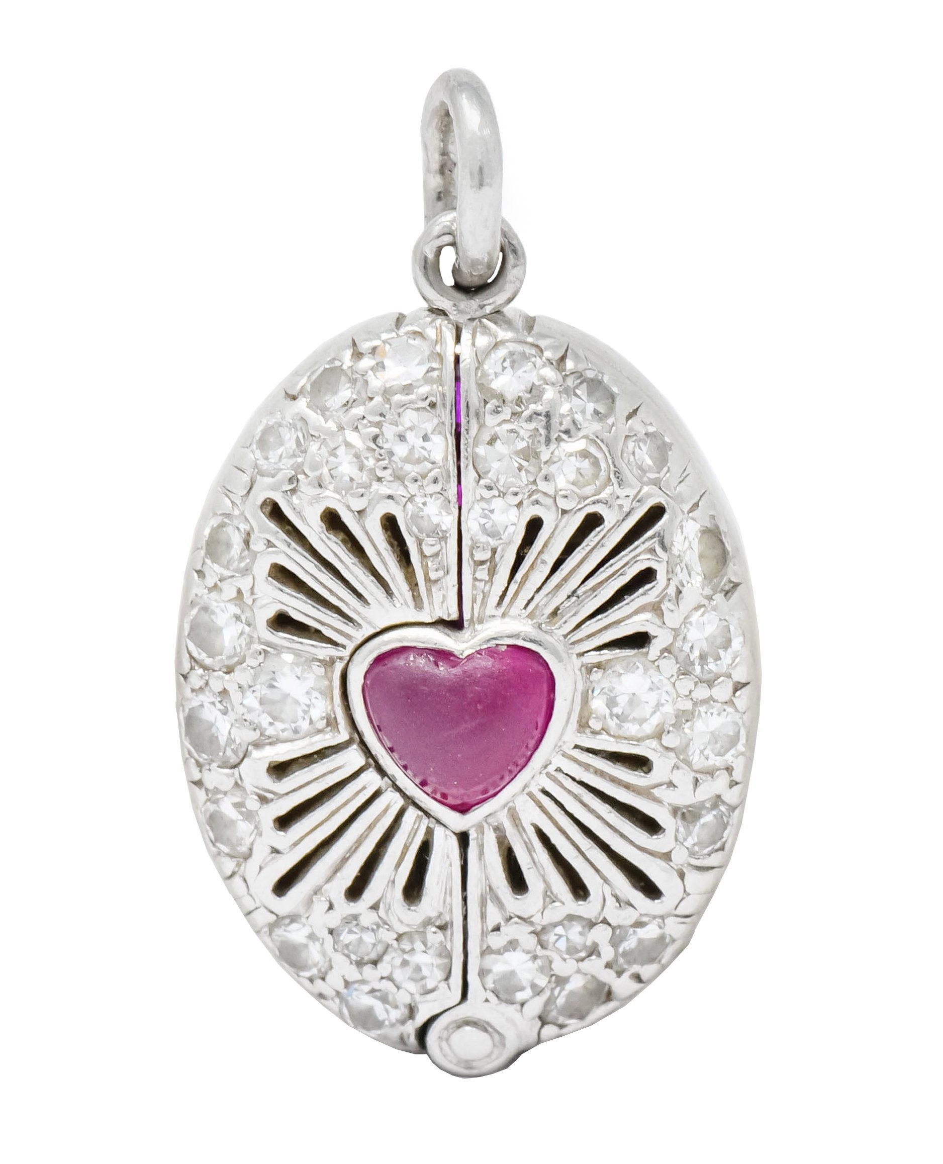 Edwardian Ruby Diamond Platinum Sacred Heart Cross Articulated Charm - Wilson's Estate Jewelry