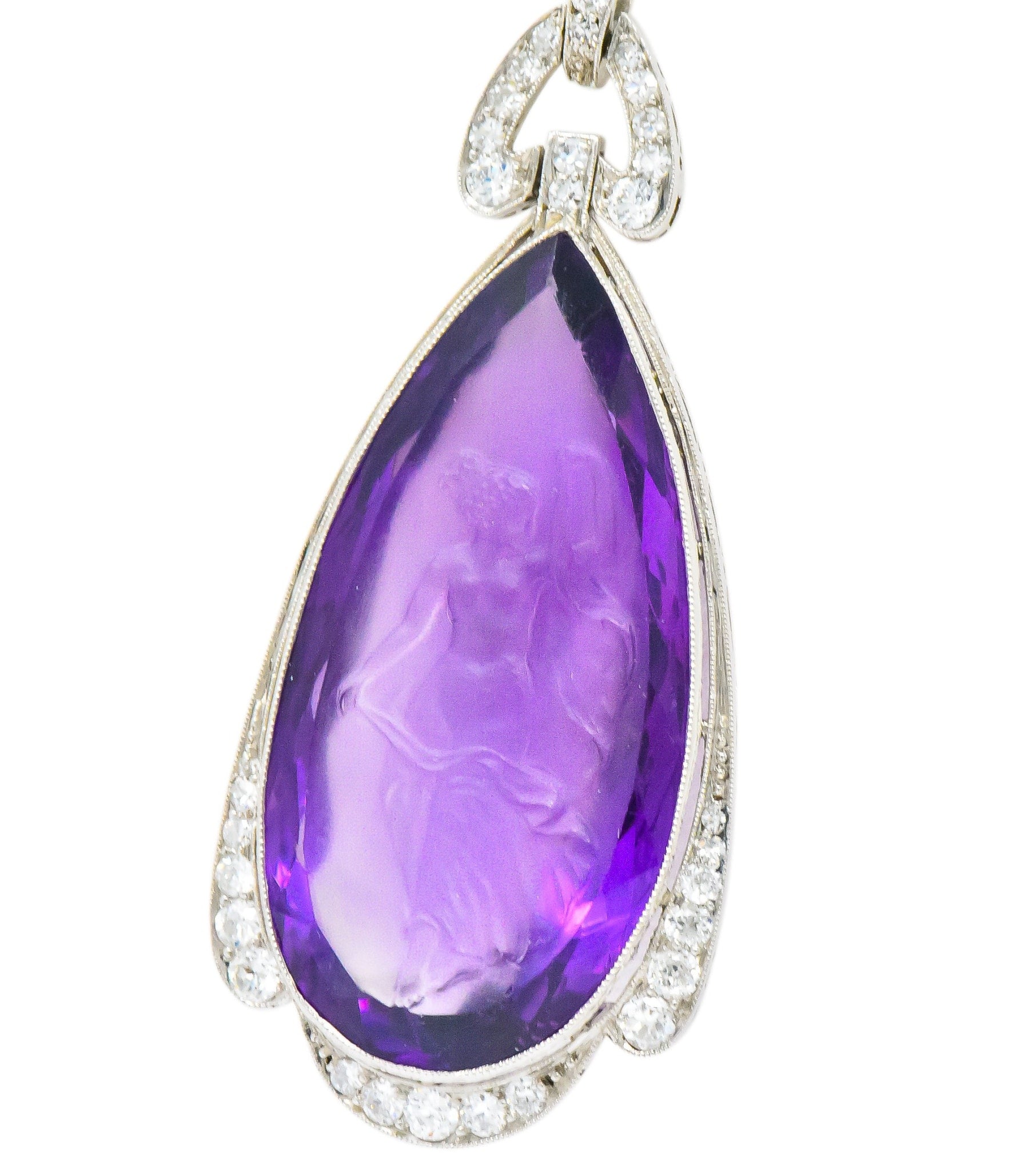 Enticing Edwardian Diamond Carved Amethyst Cameo Platinum Pendant Necklace Wilson's Estate Jewelry