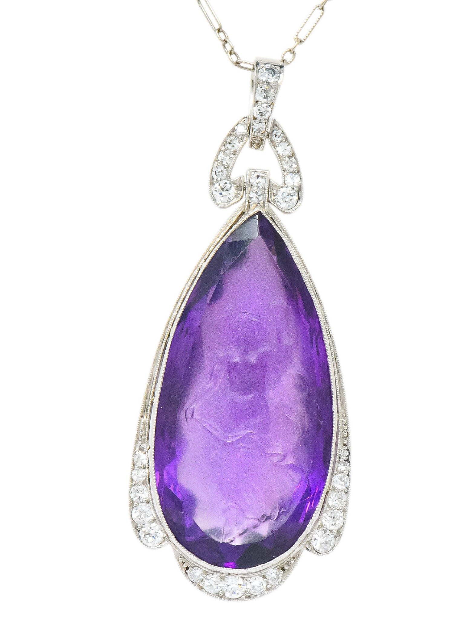 Enticing Edwardian Diamond Carved Amethyst Cameo Platinum Pendant Necklace Wilson's Estate Jewelry