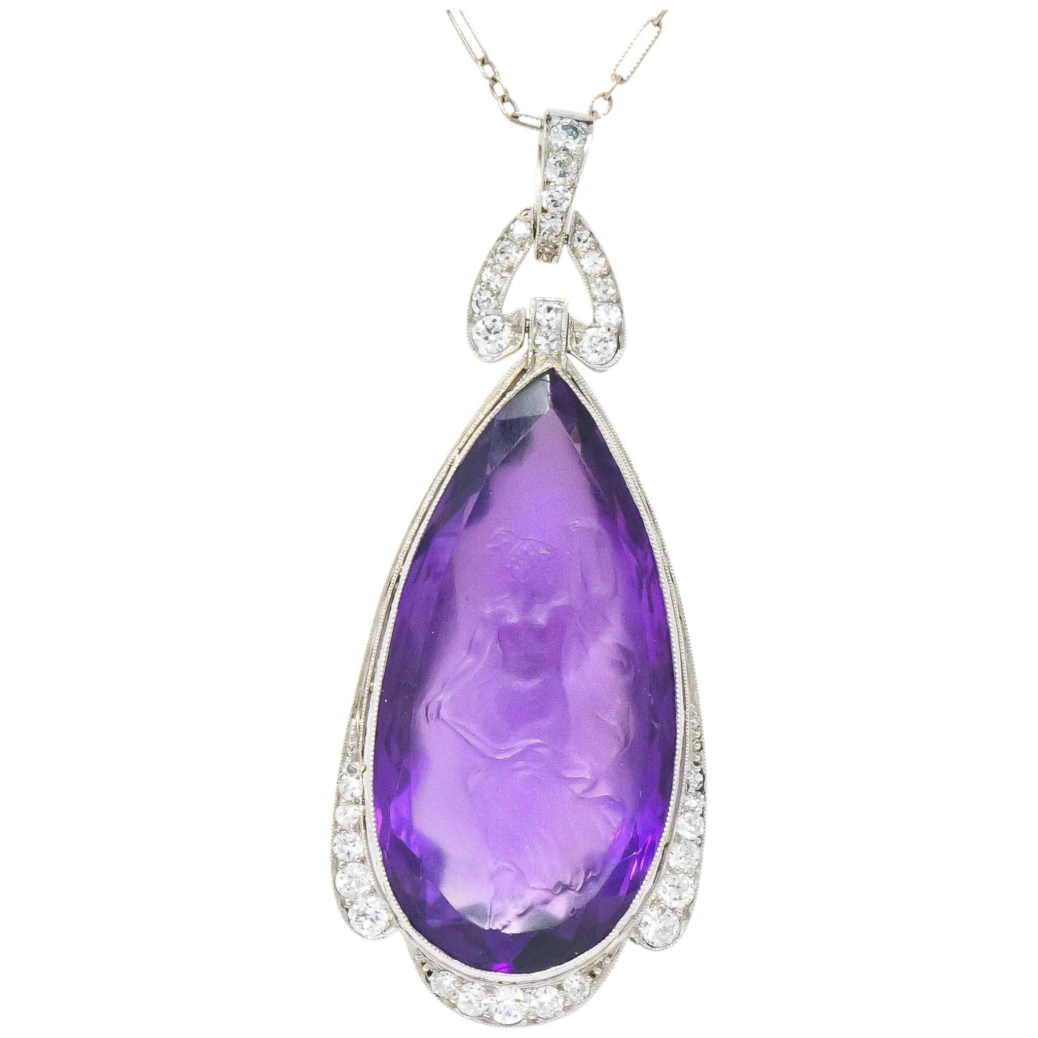 Enticing Edwardian Diamond Carved Amethyst Cameo Platinum Pendant Necklace Wilson's Estate Jewelry