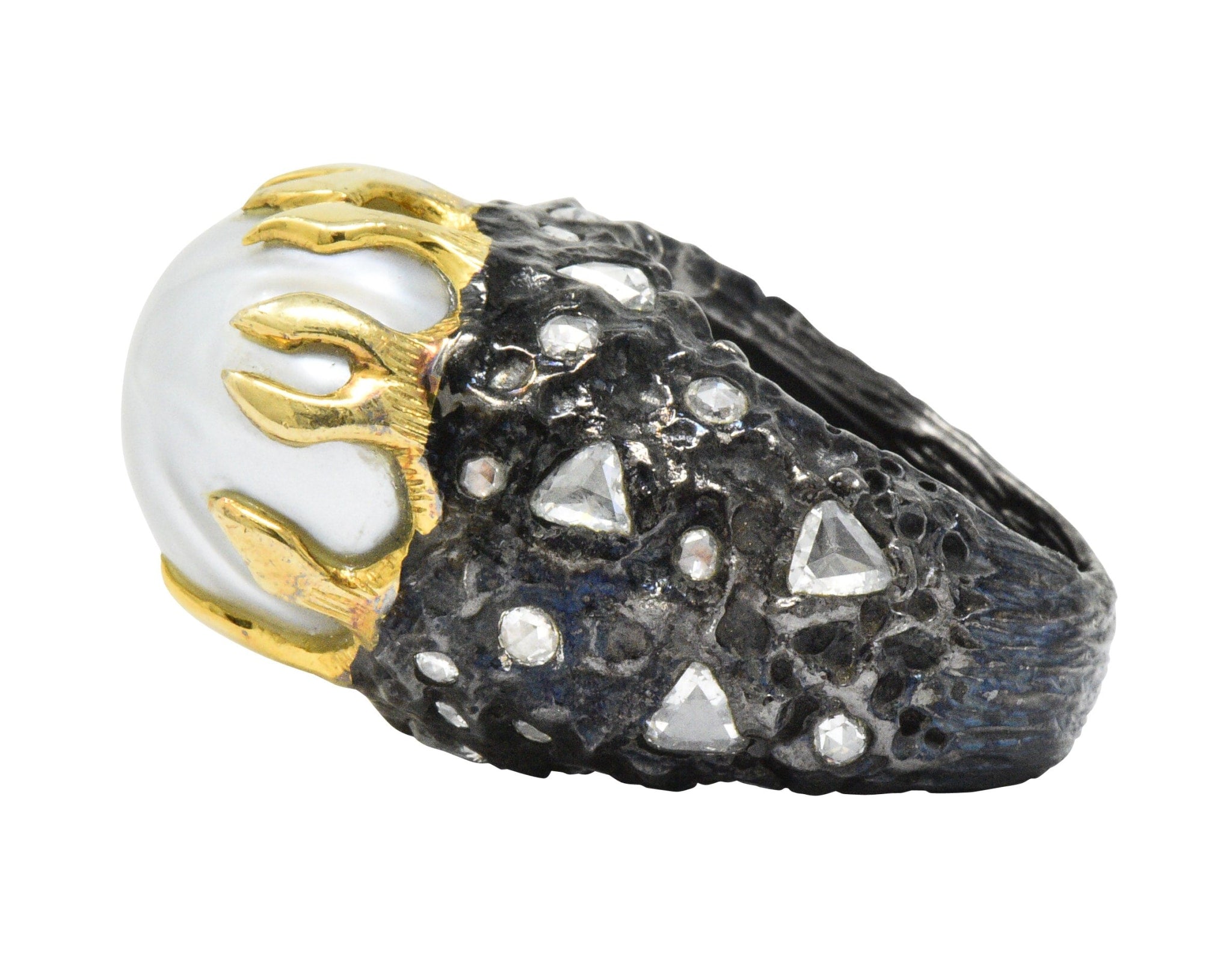 Fred Leighton 1.45 CTW Diamond Baroque Cultured Pearl Sterling Silver 18 Karat Gold Ring Wilson's Estate Jewelry