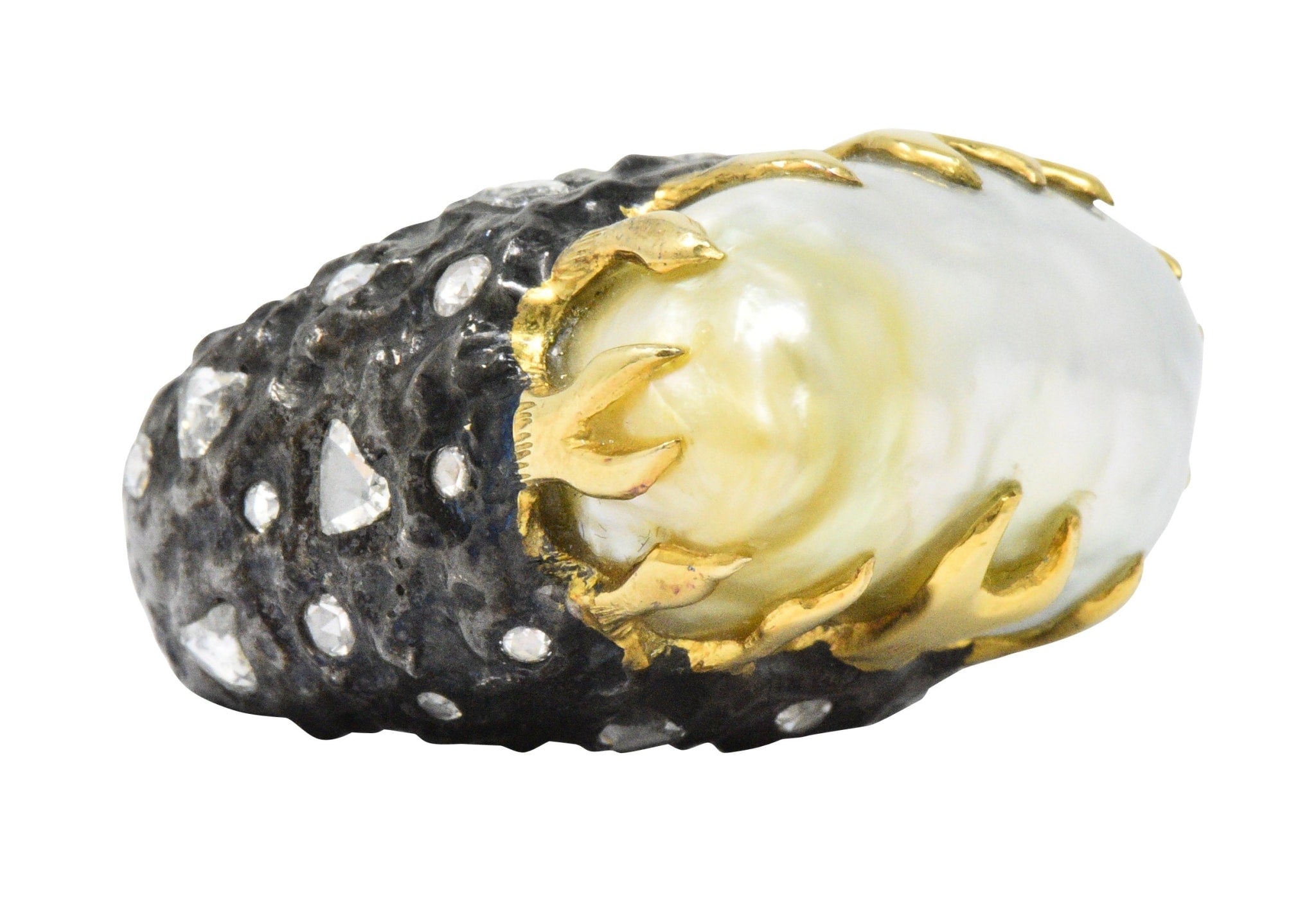 Fred Leighton 1.45 CTW Diamond Baroque Cultured Pearl Sterling Silver 18 Karat Gold Ring Wilson's Estate Jewelry