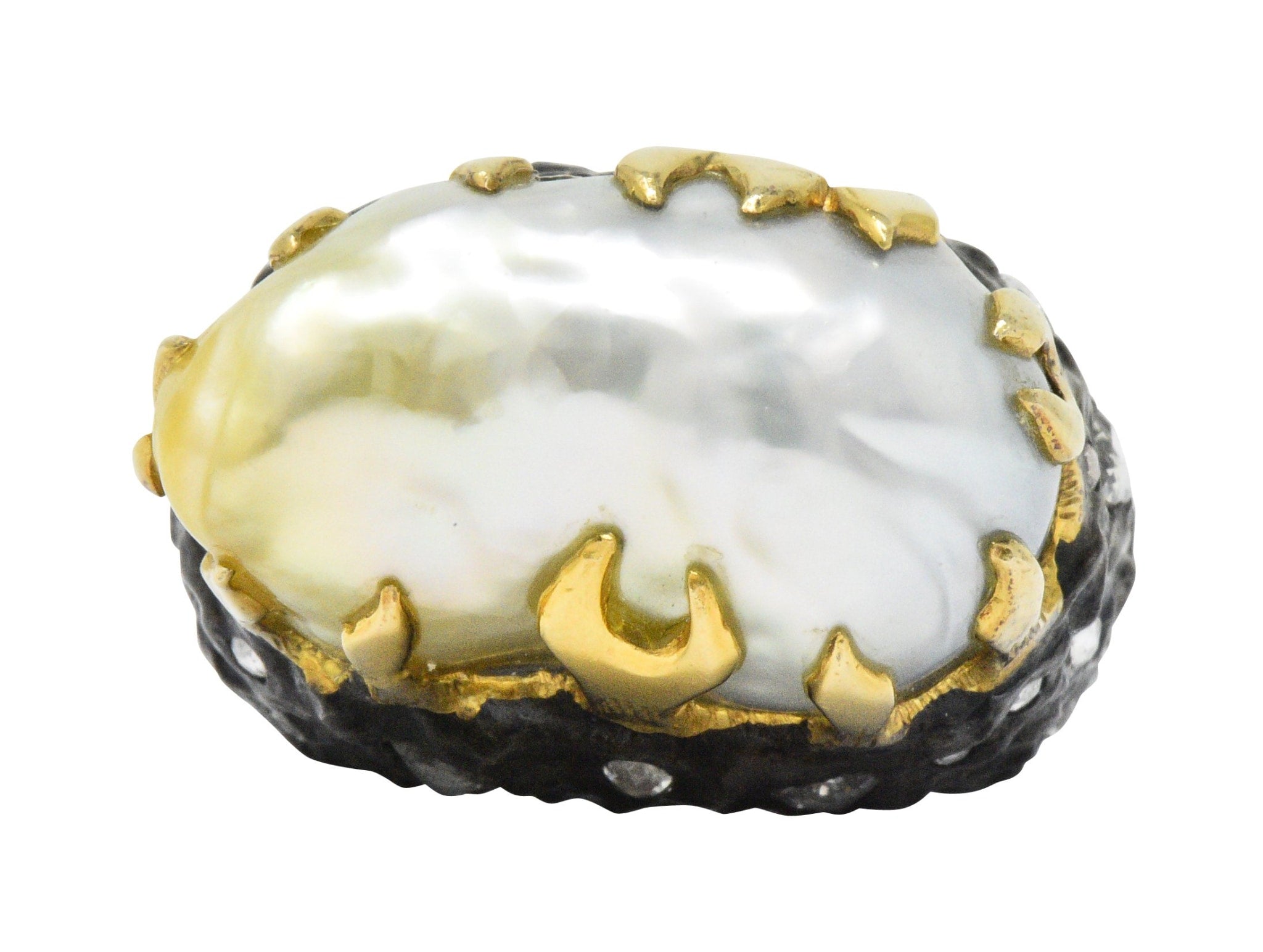 Fred Leighton 1.45 CTW Diamond Baroque Cultured Pearl Sterling Silver 18 Karat Gold Ring Wilson's Estate Jewelry