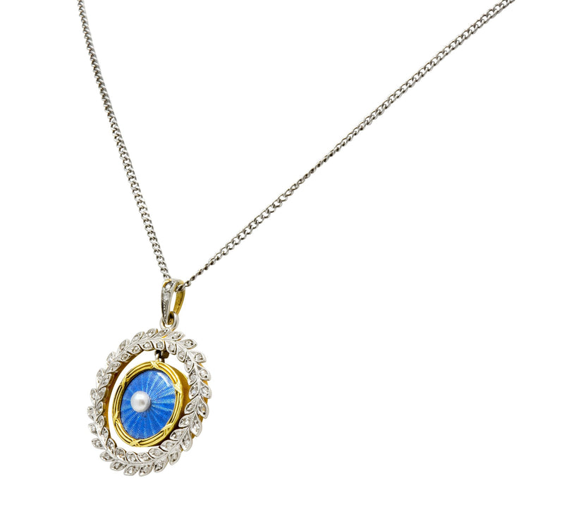 French Belle Epoque Edwardian Diamond Pearl Enamel Platinum-Topped 18 Karat Gold Locket Pendant Necklace - Wilson's Estate Jewelry