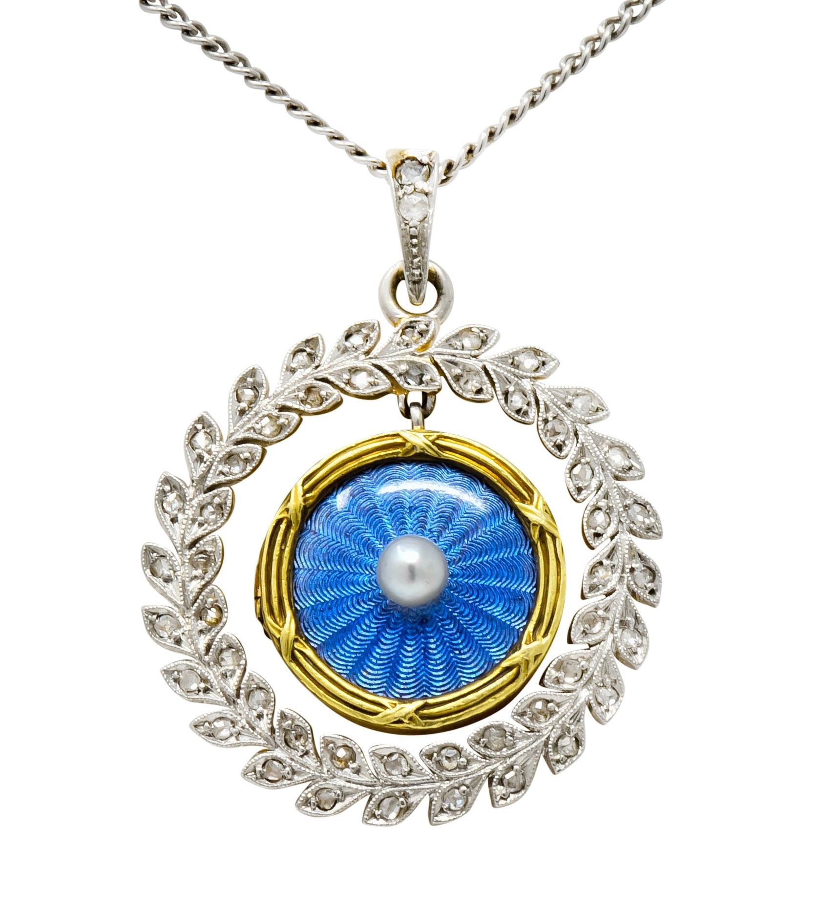 French Belle Epoque Edwardian Diamond Pearl Enamel Platinum-Topped 18 Karat Gold Locket Pendant Necklace - Wilson's Estate Jewelry