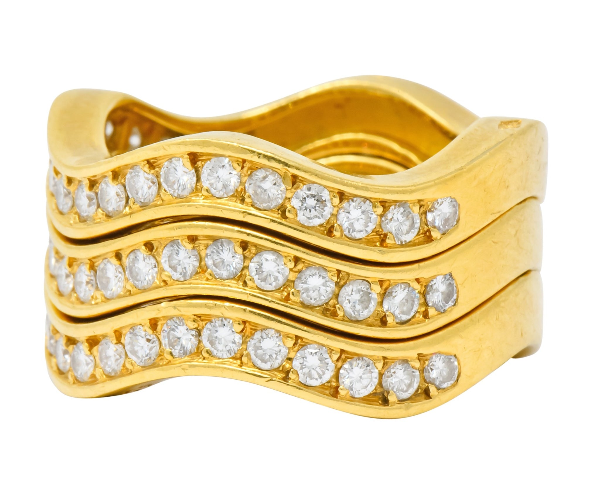 French Cartier 1.56 CTW Diamond 18 Karat Gold Wave Triple Band Stack Rings - Wilson's Estate Jewelry