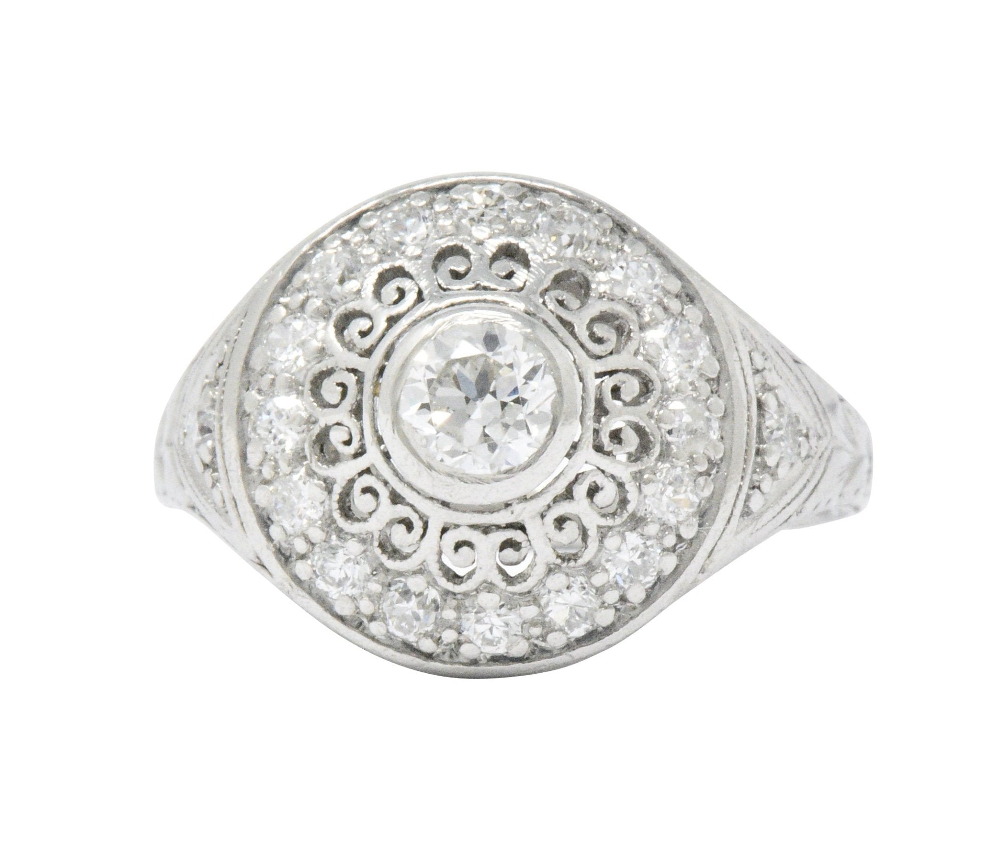 Graceful Art Deco 0.90 CTW Diamond Platinum Filigree Halo Engagement Ring Wilson's Estate Jewelry