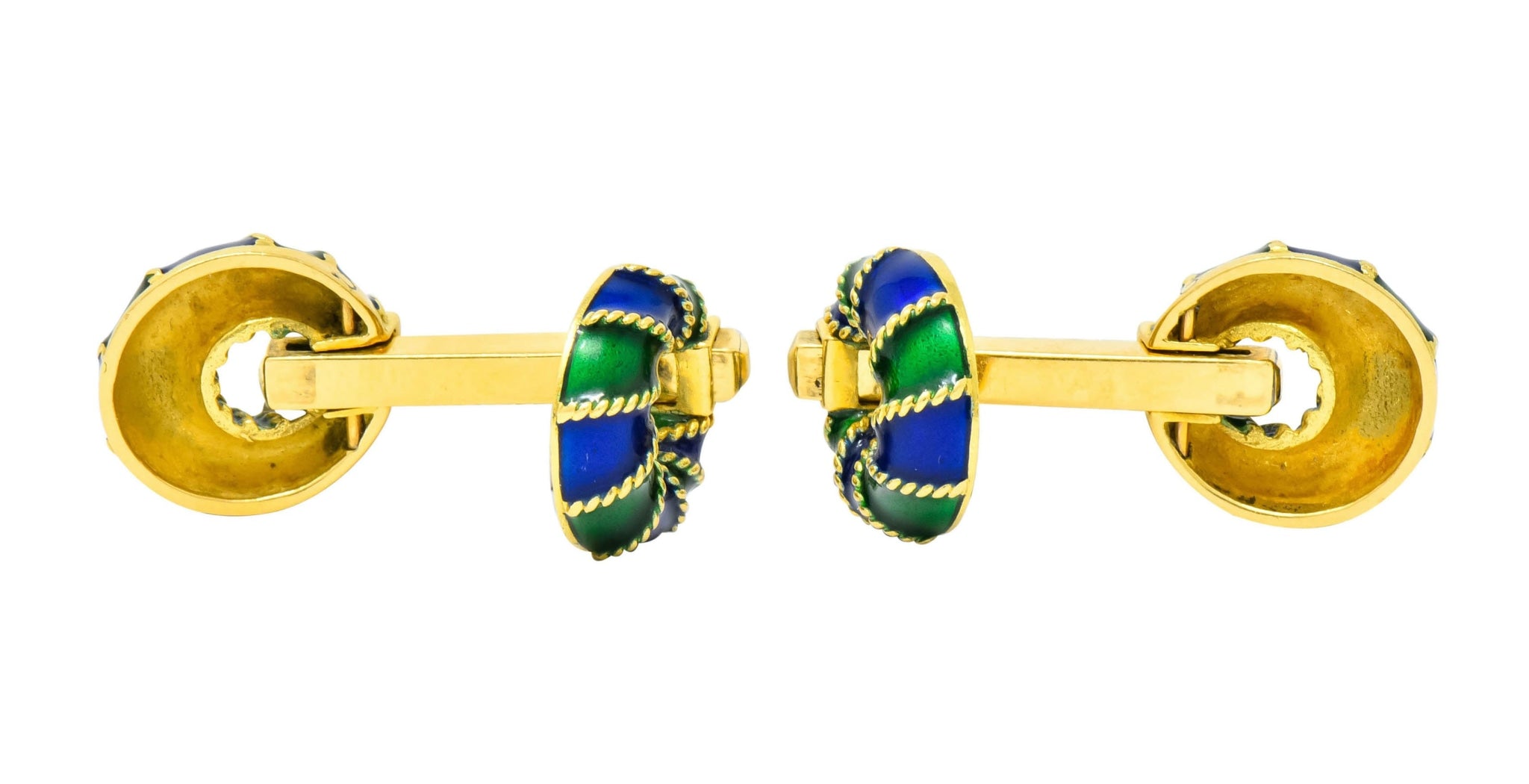 1980's Vintage Green Blue Enamel 18 Karat Gold Men's Cufflink - Wilson's Estate Jewelry