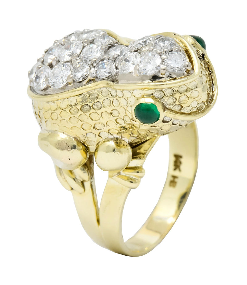 Hammerman Brothers 1970 s 2.75 CTW Diamond Emerald 14 Karat Gold Frog Ring