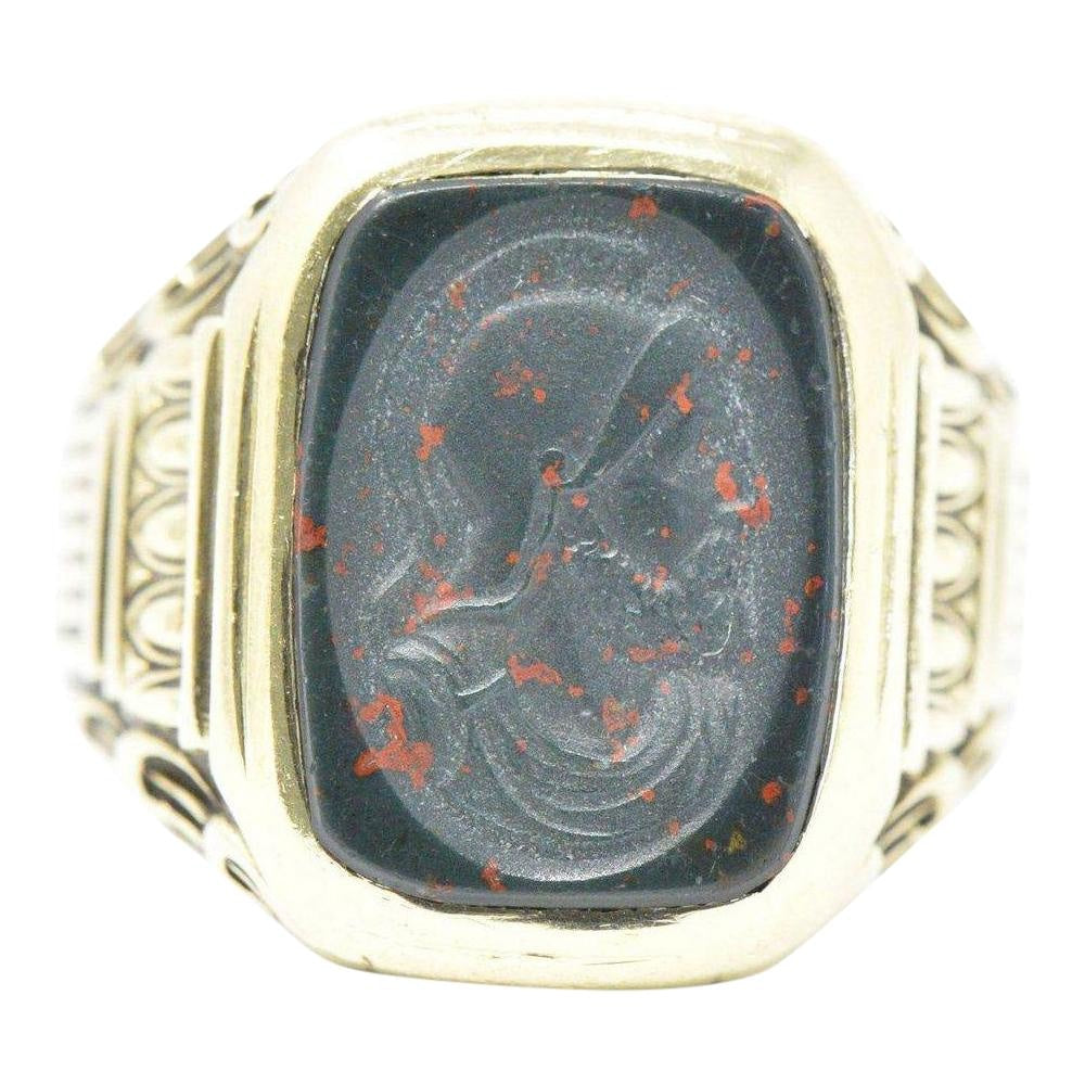 Handsome Men's Art Deco Bloodstone 14 Karat Green Gold Ring Wilson's Estate Jewelry