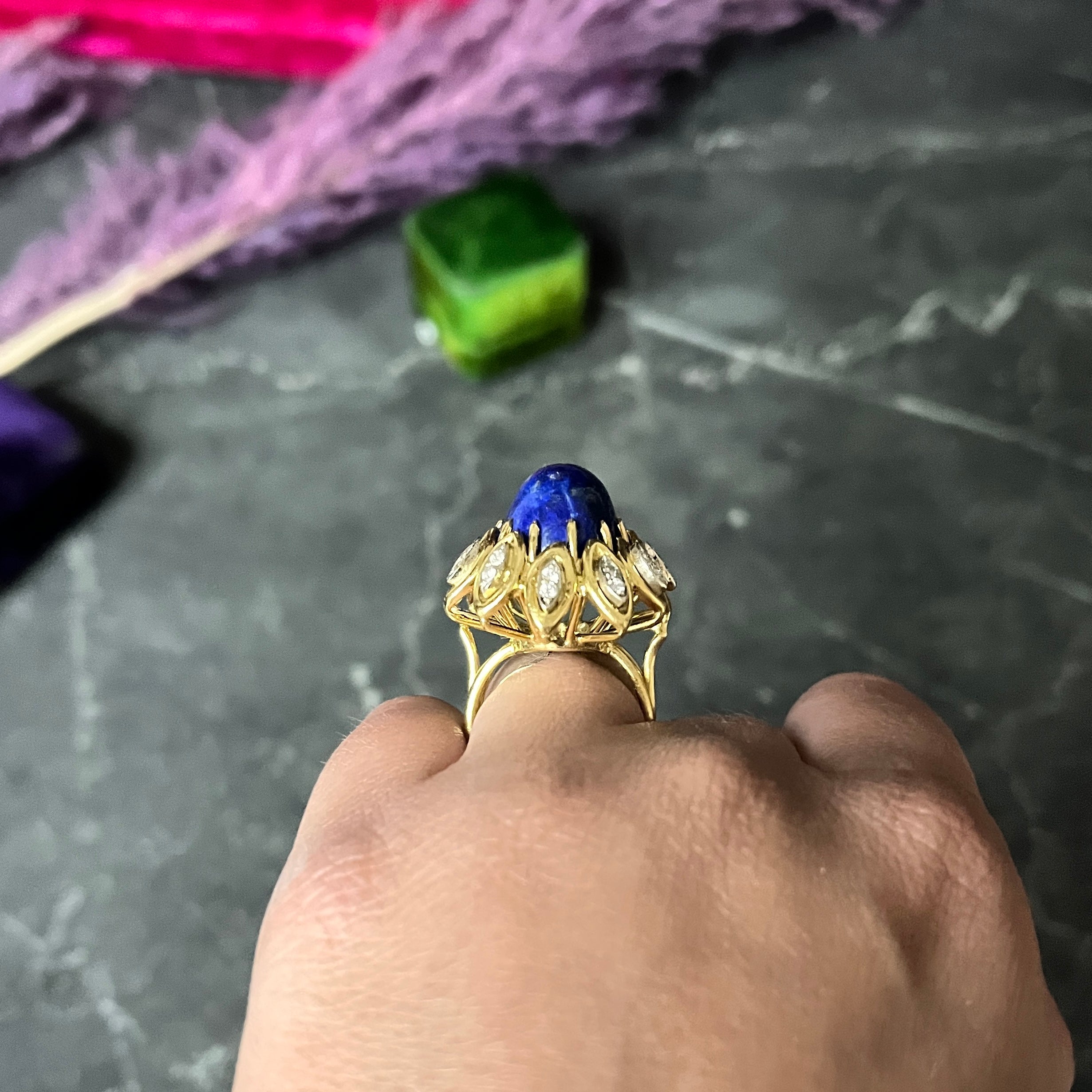 1960's Lapis Diamond 18 Karat Yellow Gold Sculptural Vintage Cocktail Ring Wilson's Estate Jewelry