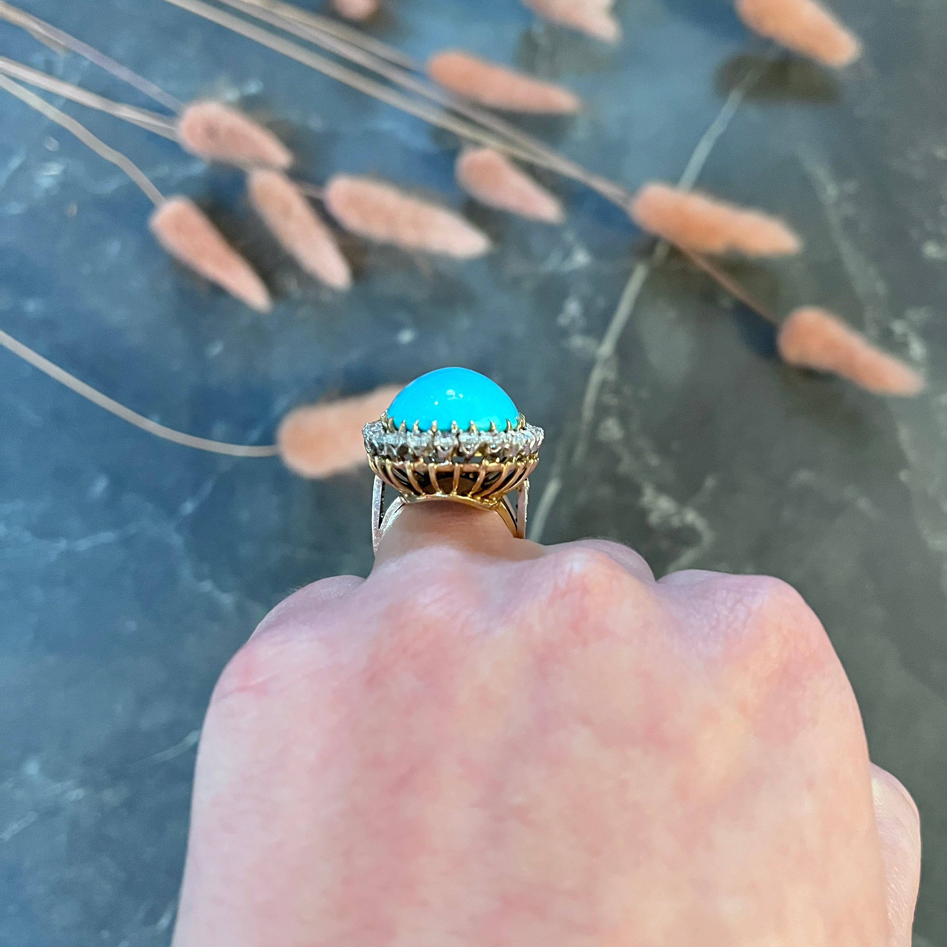 1940’s Vintage Turquoise Diamond 14 Karat Two-Tone Gold Cluster Ring Wilson's Antique & Estate Jewelry